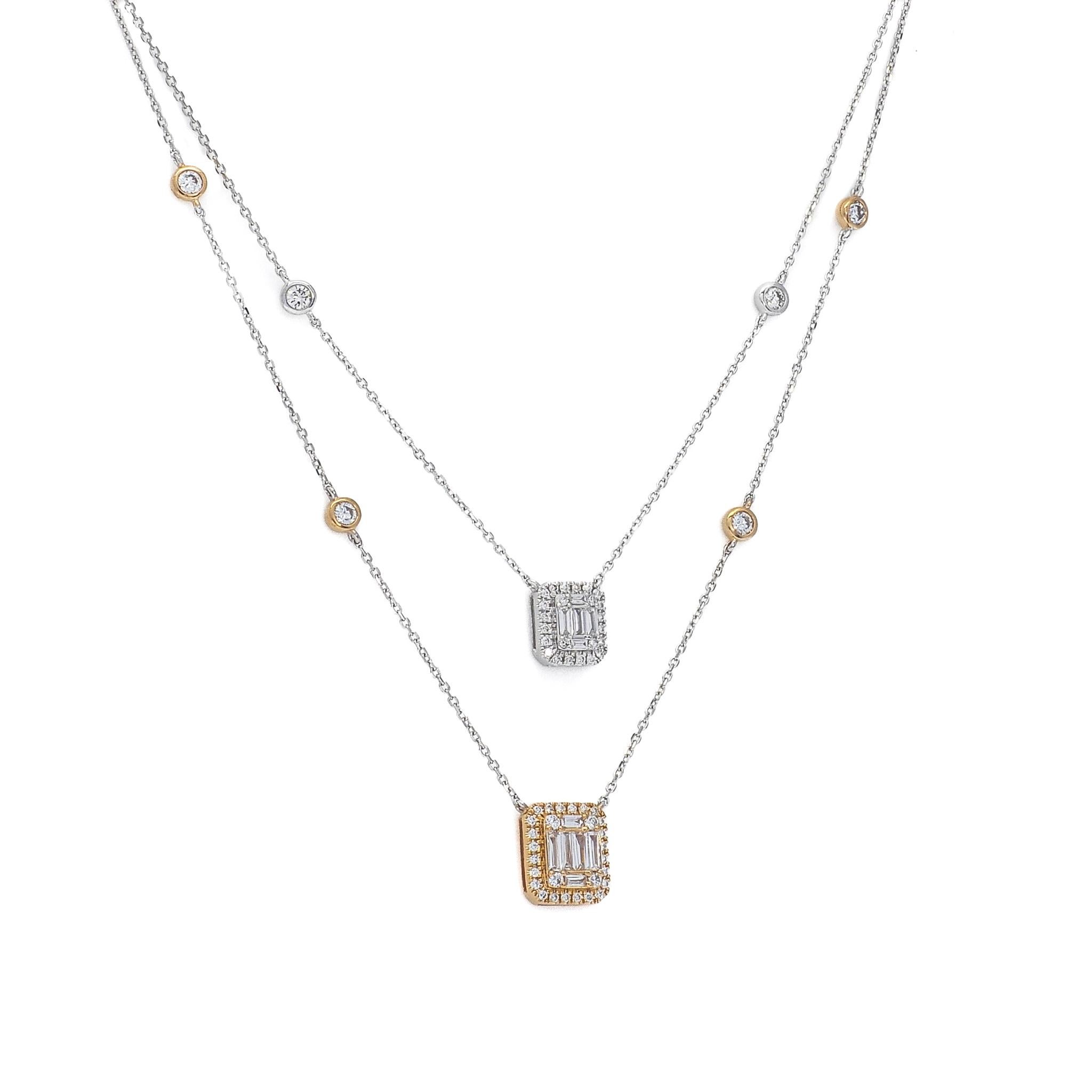 Natürlicher Diamant 0,42 Karat 18 KT Gold Designer Doppellagige Kette Halskette mit natürlichen Diamanten (Baguetteschliff) im Angebot