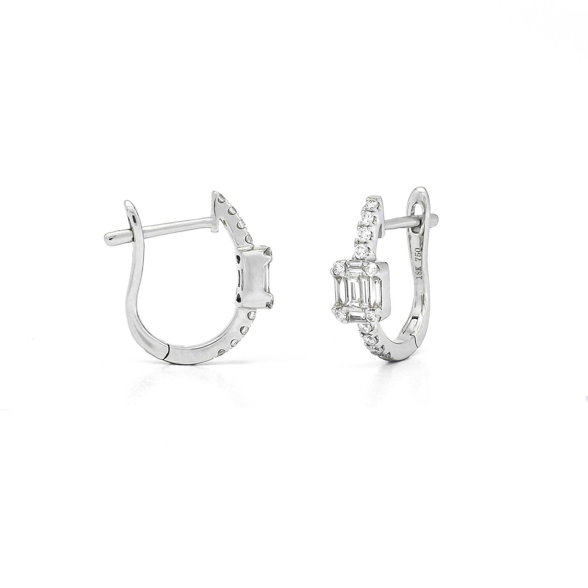 Baguette Cut Natural Diamond 0.50 carats 18KT White Gold Cluster Half Hoop Earrings  For Sale