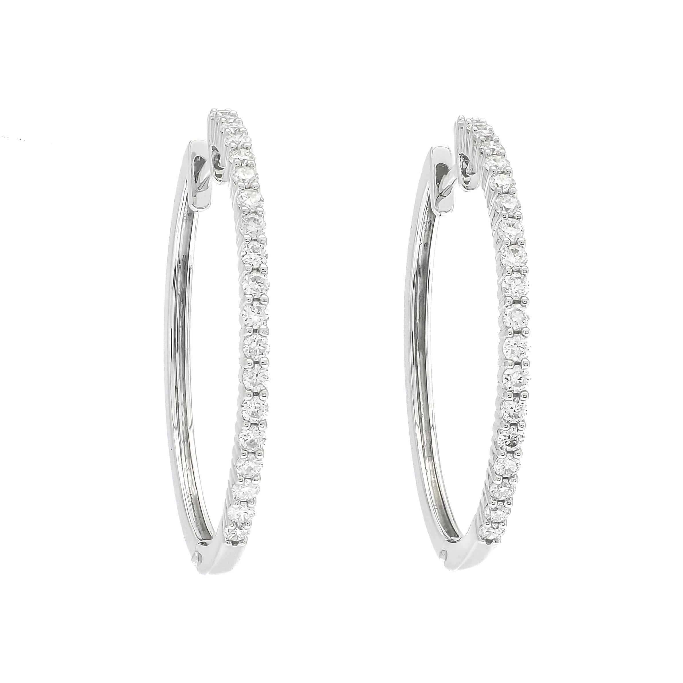 Modern Natural Diamond 0.50 carats 18KT White Gold Delicate Prongs Hoop Earrings For Sale