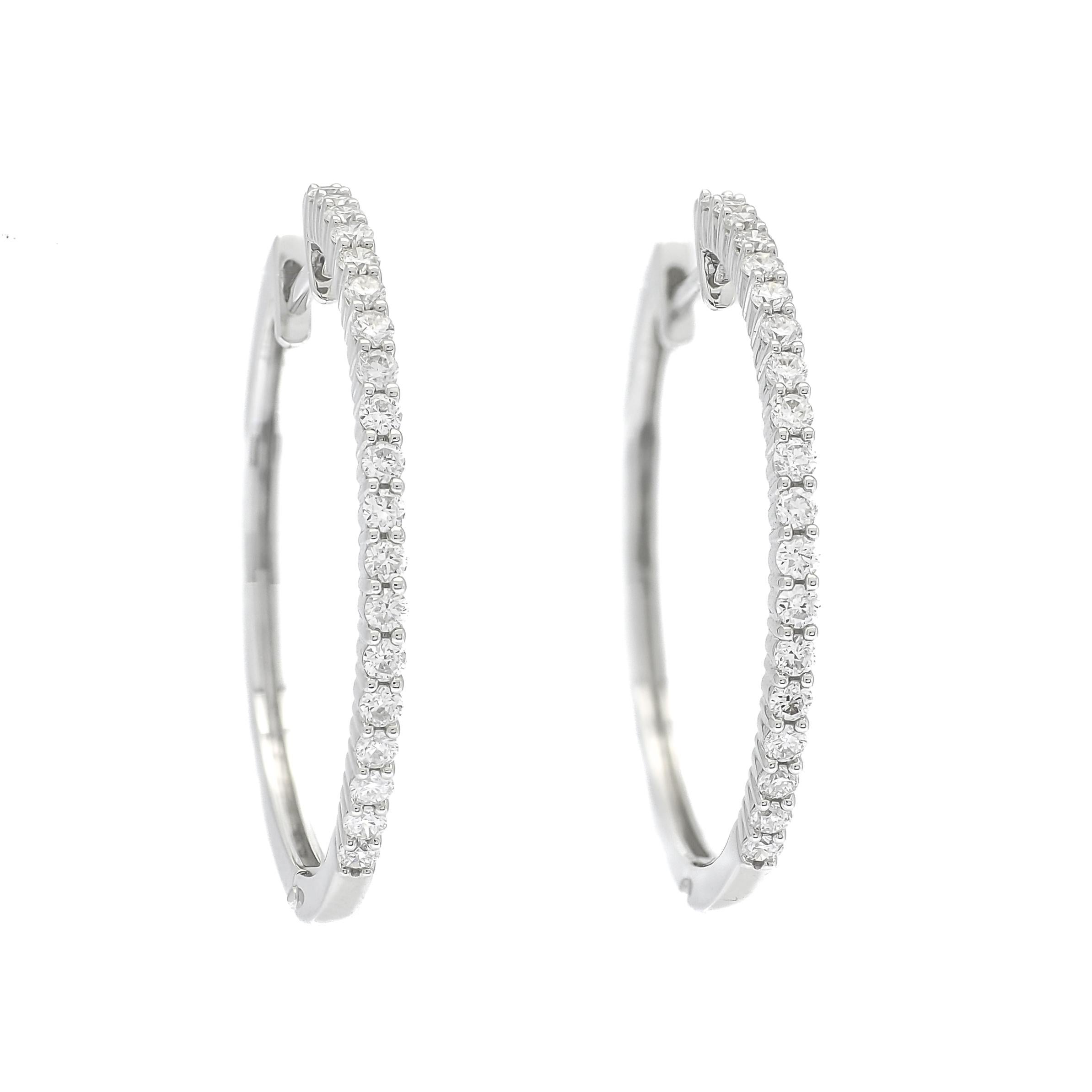 Women's or Men's Natural Diamond 0.50 carats 18KT White Gold Delicate Prongs Hoop Earrings For Sale