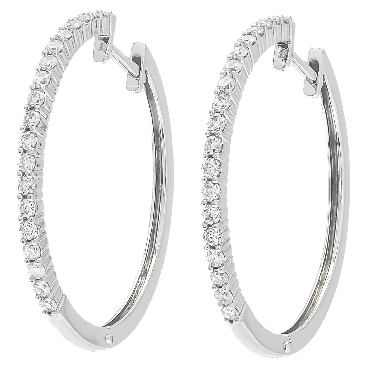 Natural Diamond 0.50 carats 18KT White Gold Delicate Prongs Hoop Earrings 