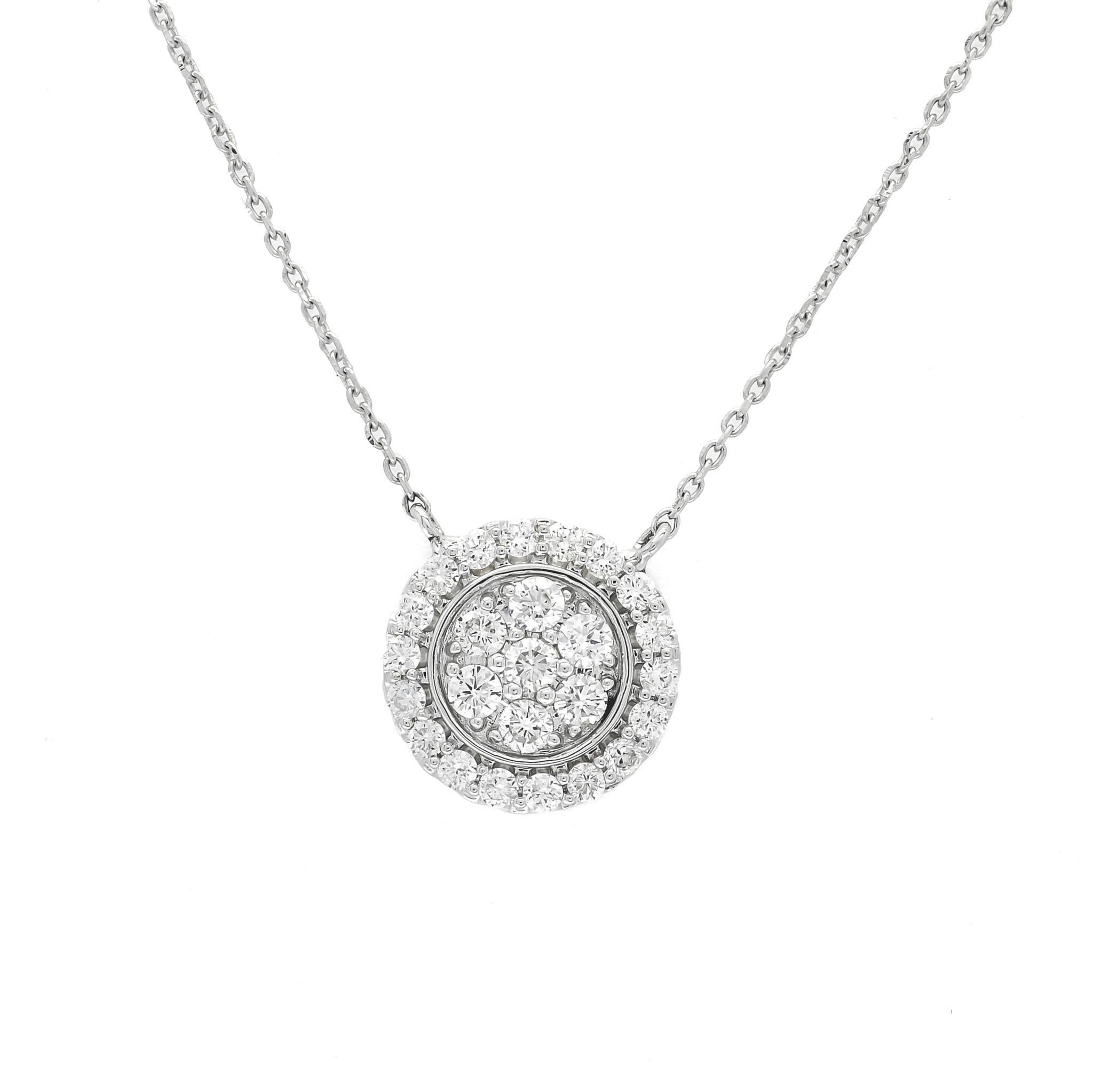 Immerse yourself in the world of timeless elegance with the Natural Diamond 0.50CT 18Karat White Gold Cluster Necklace. This necklace is a harmonious blend of classic elegance and modern design, designed to adorn your neck with timeless beauty.