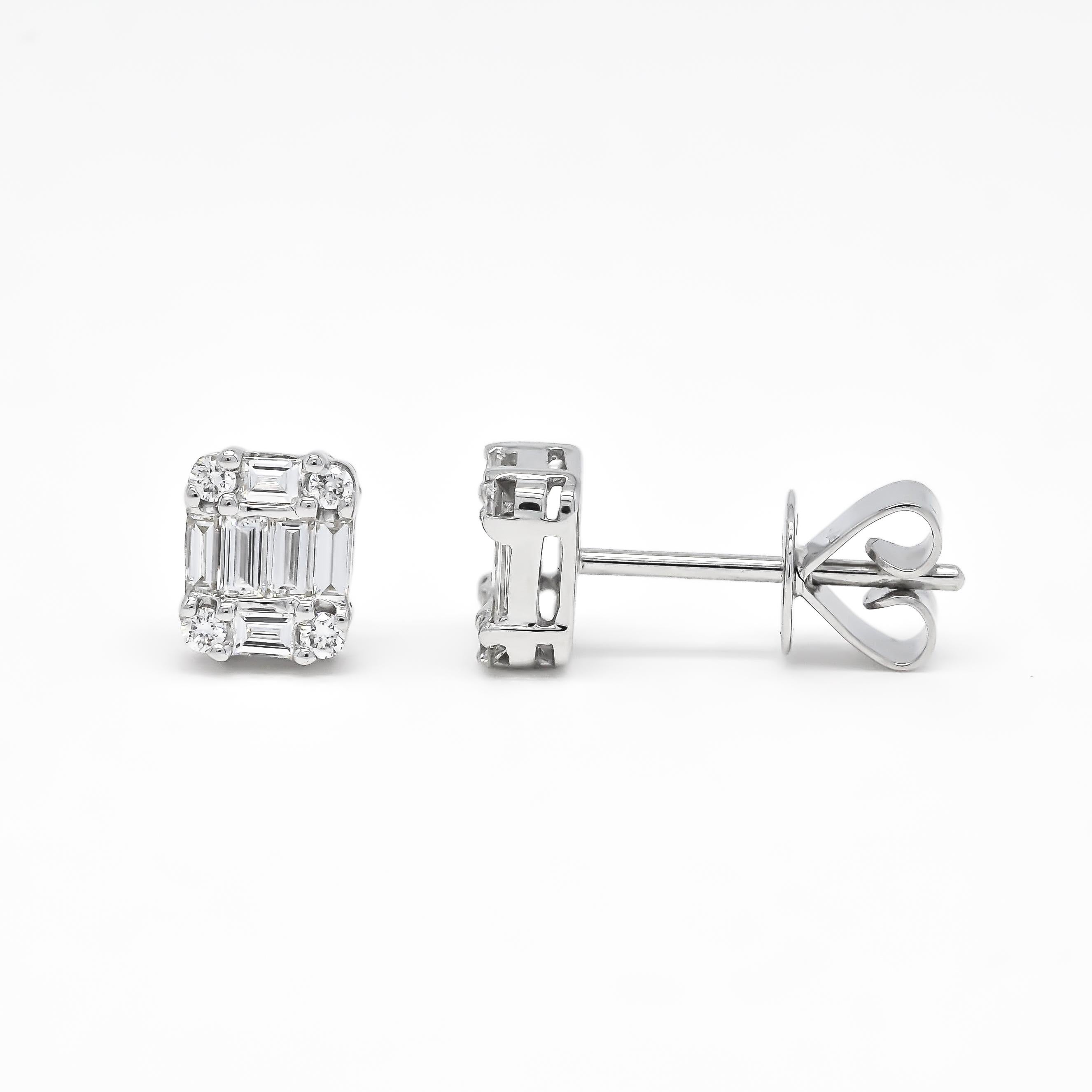 Baguette Cut Natural Diamond 0.52 carats 18KT White Gold Cluster Stud Earrings  For Sale
