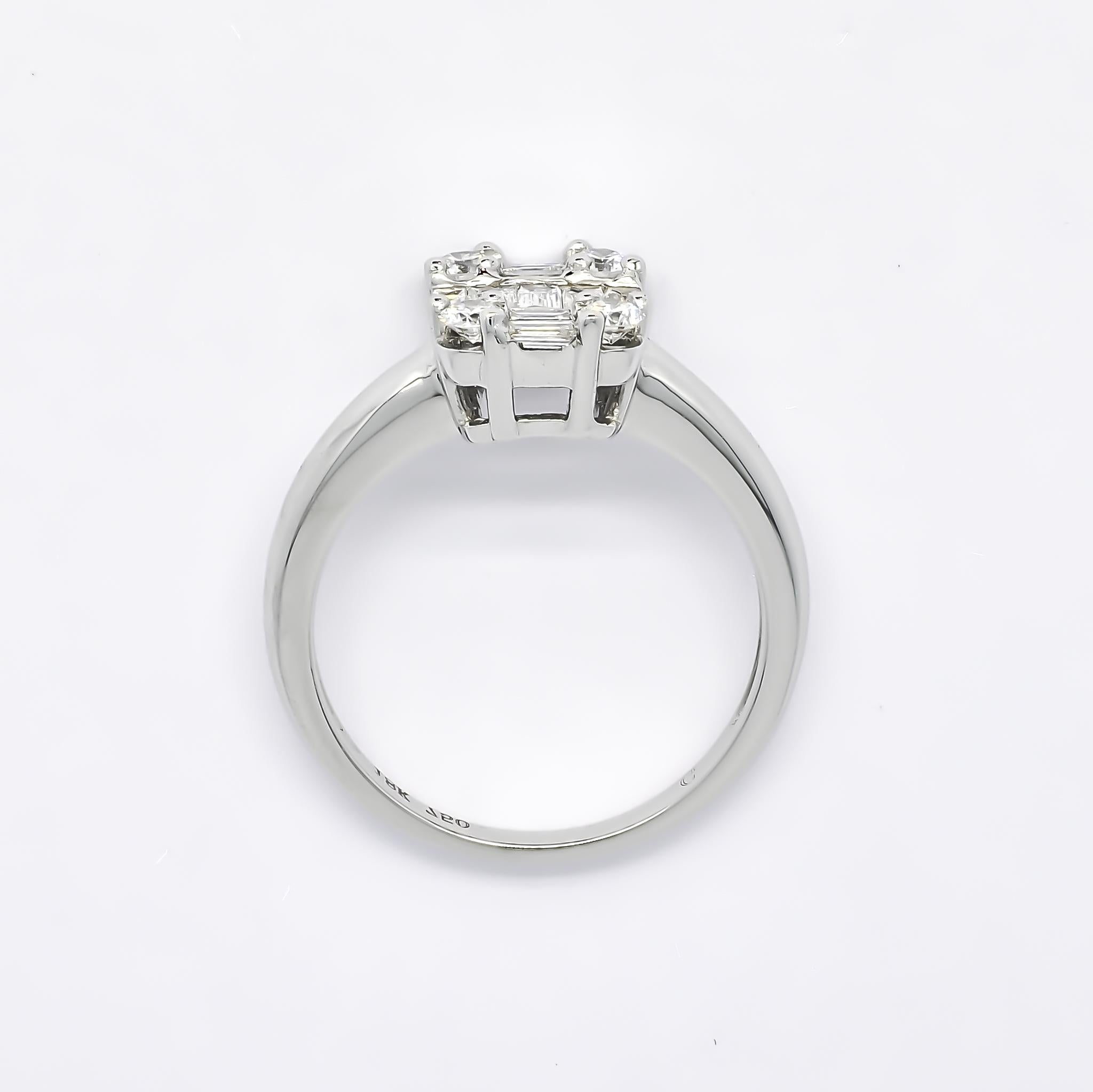 Baguette Cut Natural Diamond 0.55 carats 18KT White Gold Cluster Engagement Ring For Sale