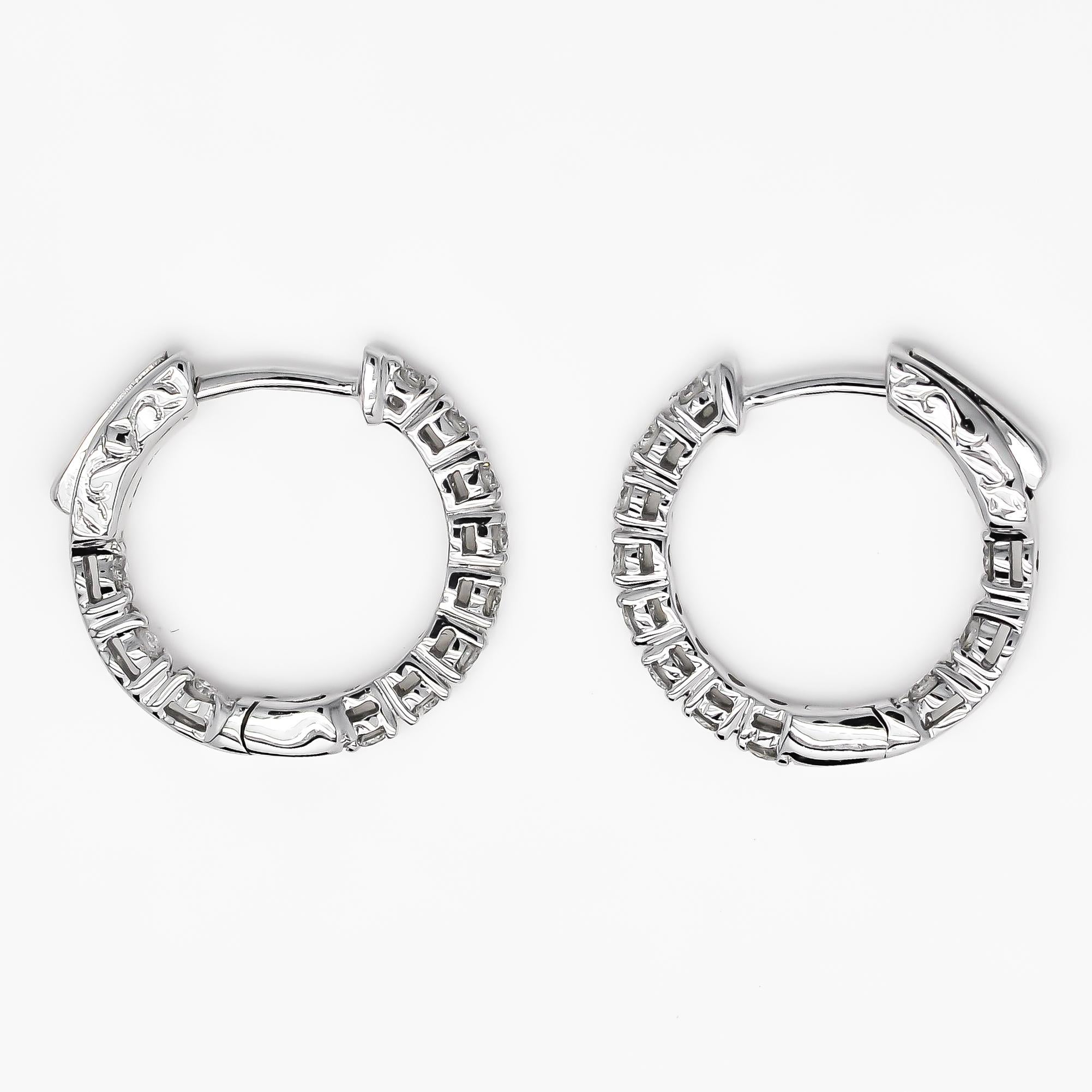 Round Cut Natural Diamond 0.55 carats 18KT White Gold 'in and out' petite Hoop Earrings  For Sale