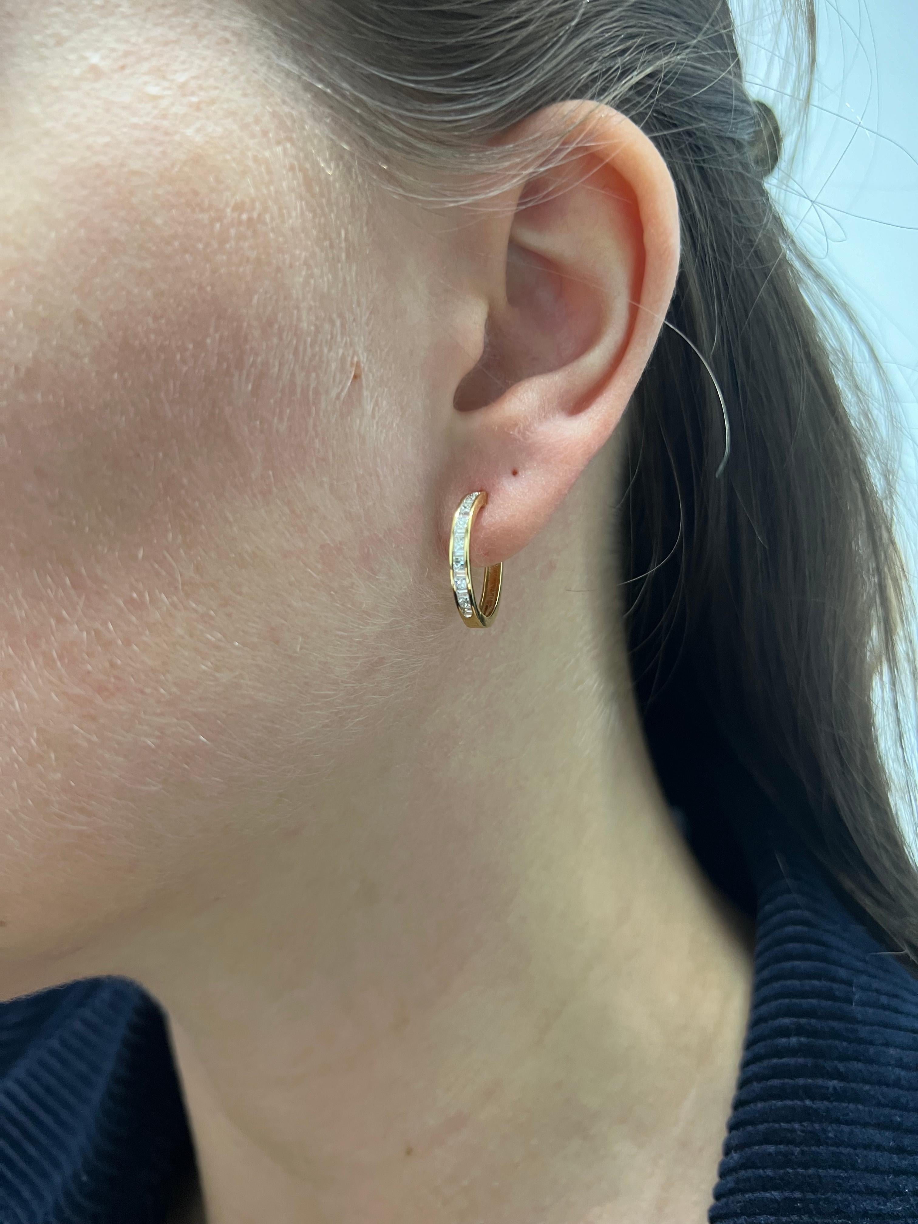 Natural Diamond 0.55 carats 18KT Yellow Gold Hoop Huggies Earrings For Sale 2