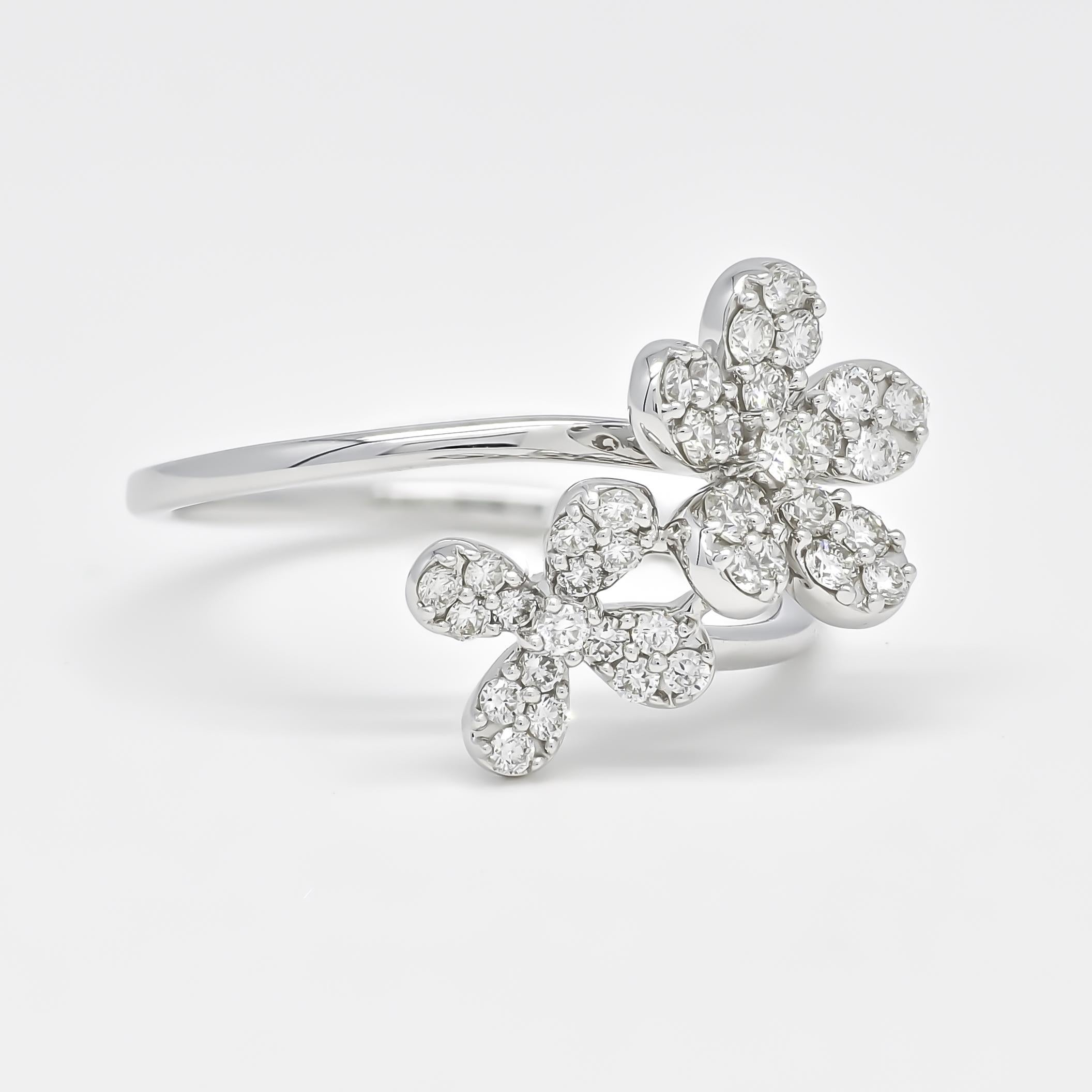 Modern Natural Diamond 0.56 cts 18KT White Gold Two Flower Statement Ring For Sale