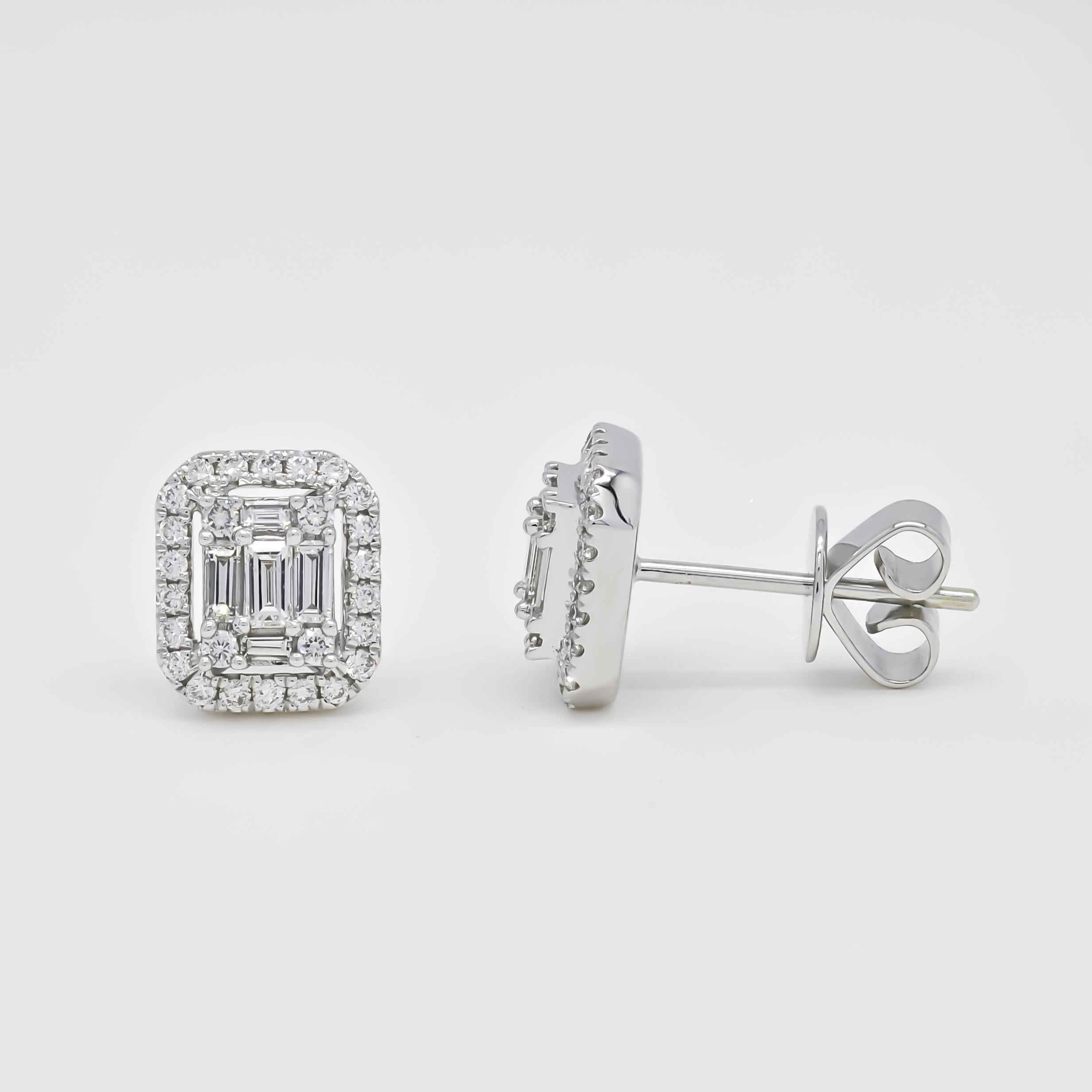 Radiate sophistication and elegance with these stunning square stud earrings, featuring a captivating arrangement of round and baguette diamonds that emit a dazzling brilliance. 

Crafted in luxurious 18KT white gold, these earrings total 0.60