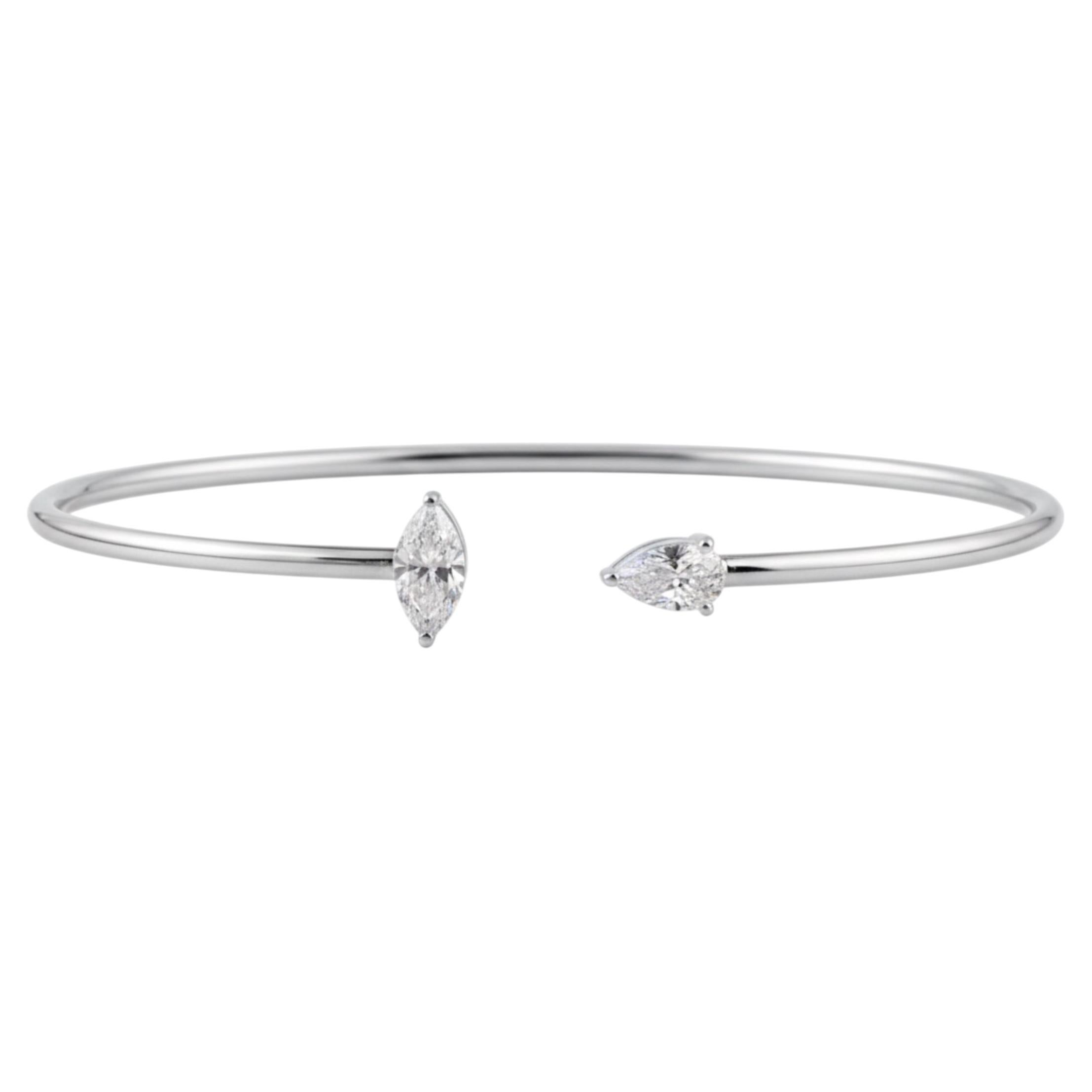 Natural Diamond 0.60Ct Marquise & Pear Cut Open Bangle Bracelet 18k White Gold For Sale