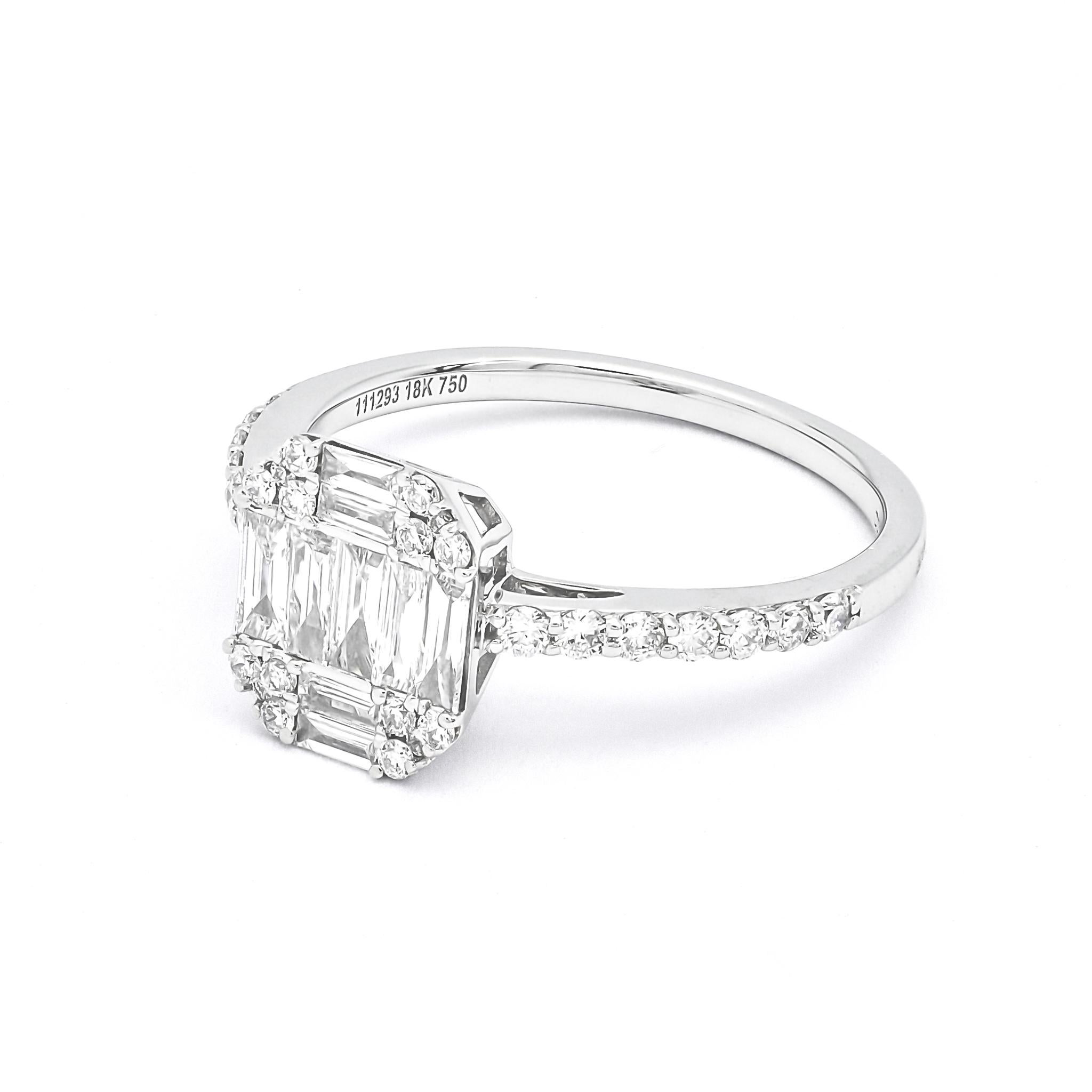 The unique sheen of diamond baguette and round is showcased in this beautiful Cushion Shape Cluster engagement ring, designed in white gold and accented with a brilliant diamond in a beautiful delicate Shank.

The Diamond Cluster Ring is a perfect