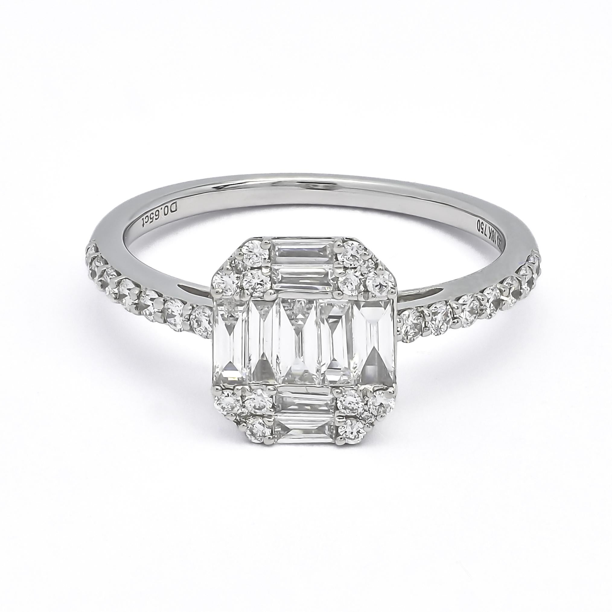 Baguette Cut Natural Diamond 0.65 carats 18KT White Gold Cluster Engagement Ring For Sale