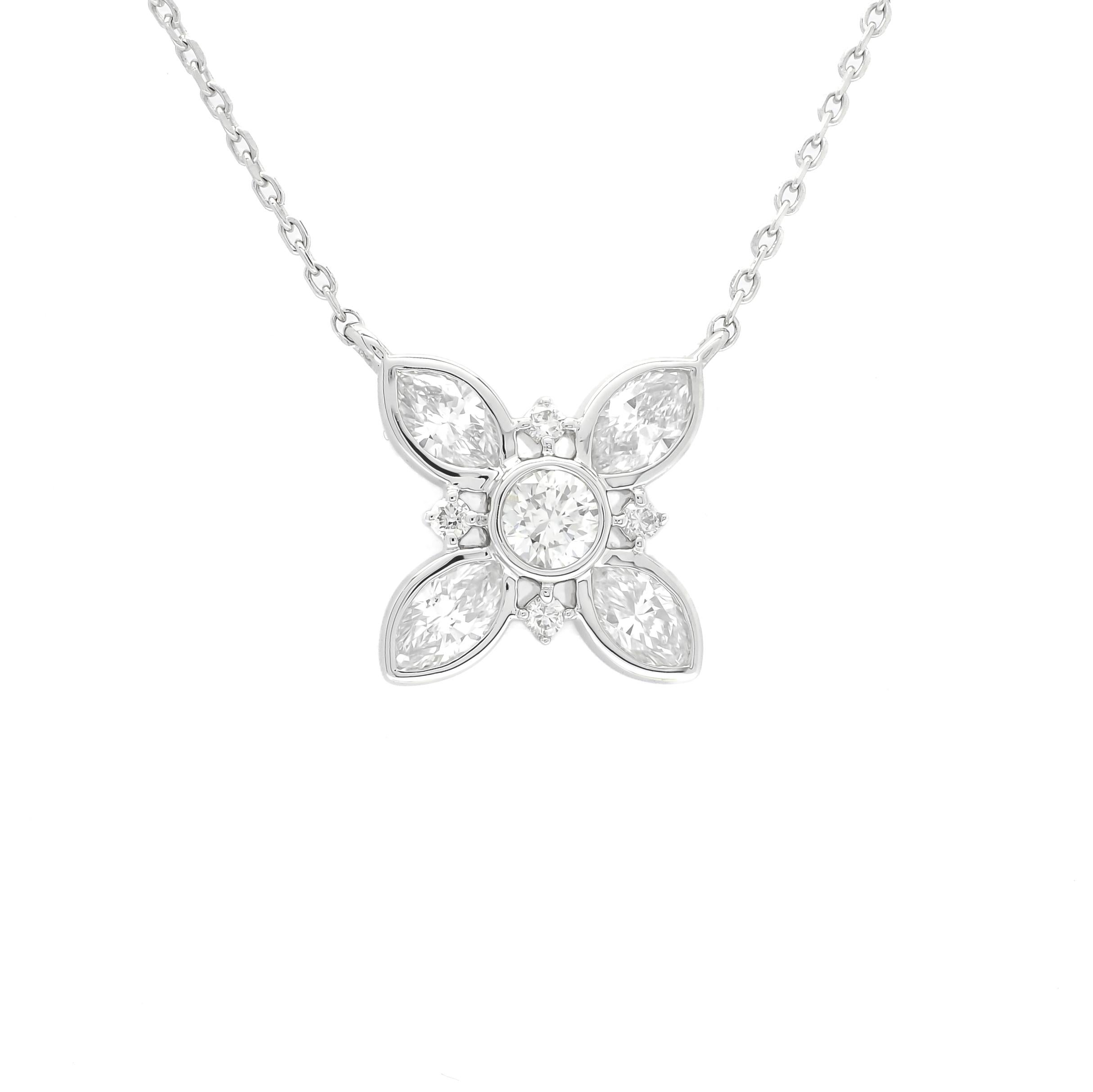 Round Cut Natural Diamond 0.65 carats 18KT White Gold Flower Pendant Chain Necklace   For Sale
