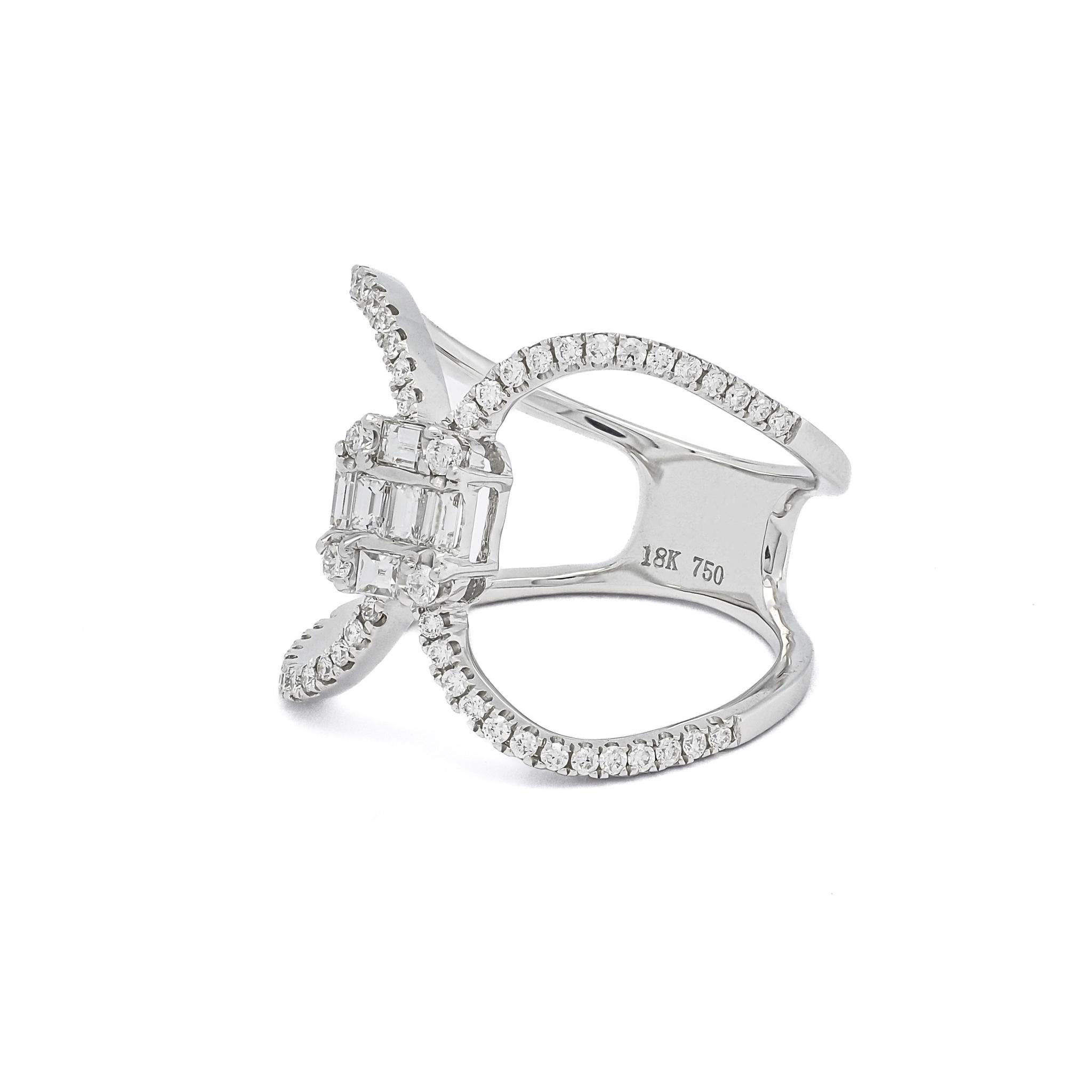 Envision the captivating allure of this mesmerizing cocktail ring, where the focal point lies at its heart—a cluster of scintillating diamonds meticulously arranged in a captivating formation of baguette and round cuts. With a total carat weight of