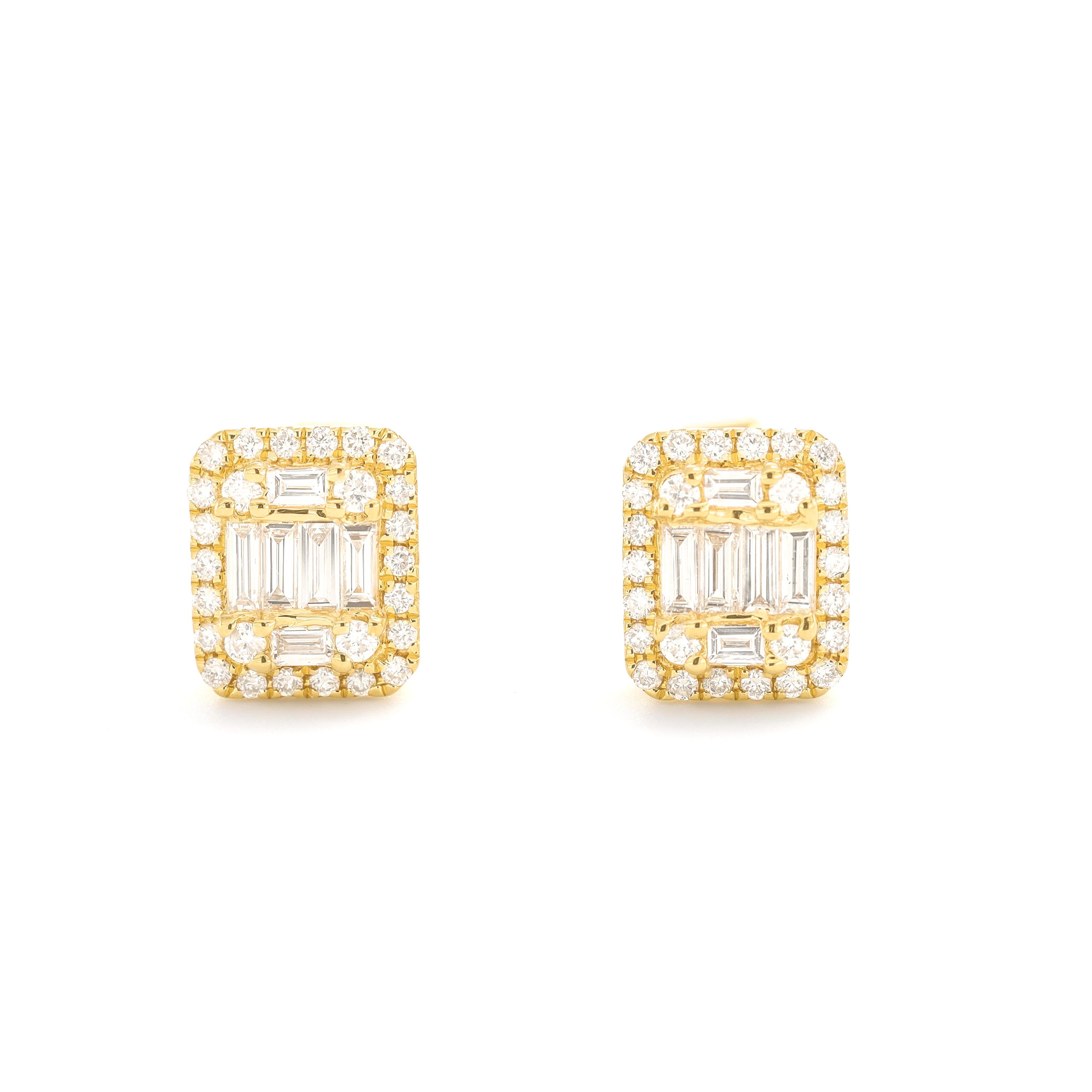 The Baguette and Round Diamond 18 KT Yellow Gold Cluster Halo Stud Earrings are the perfect accessory for any woman looking to add a touch of elegance and glamour to her evening wear or to mark a special anniversary.

These stunning earrings feature