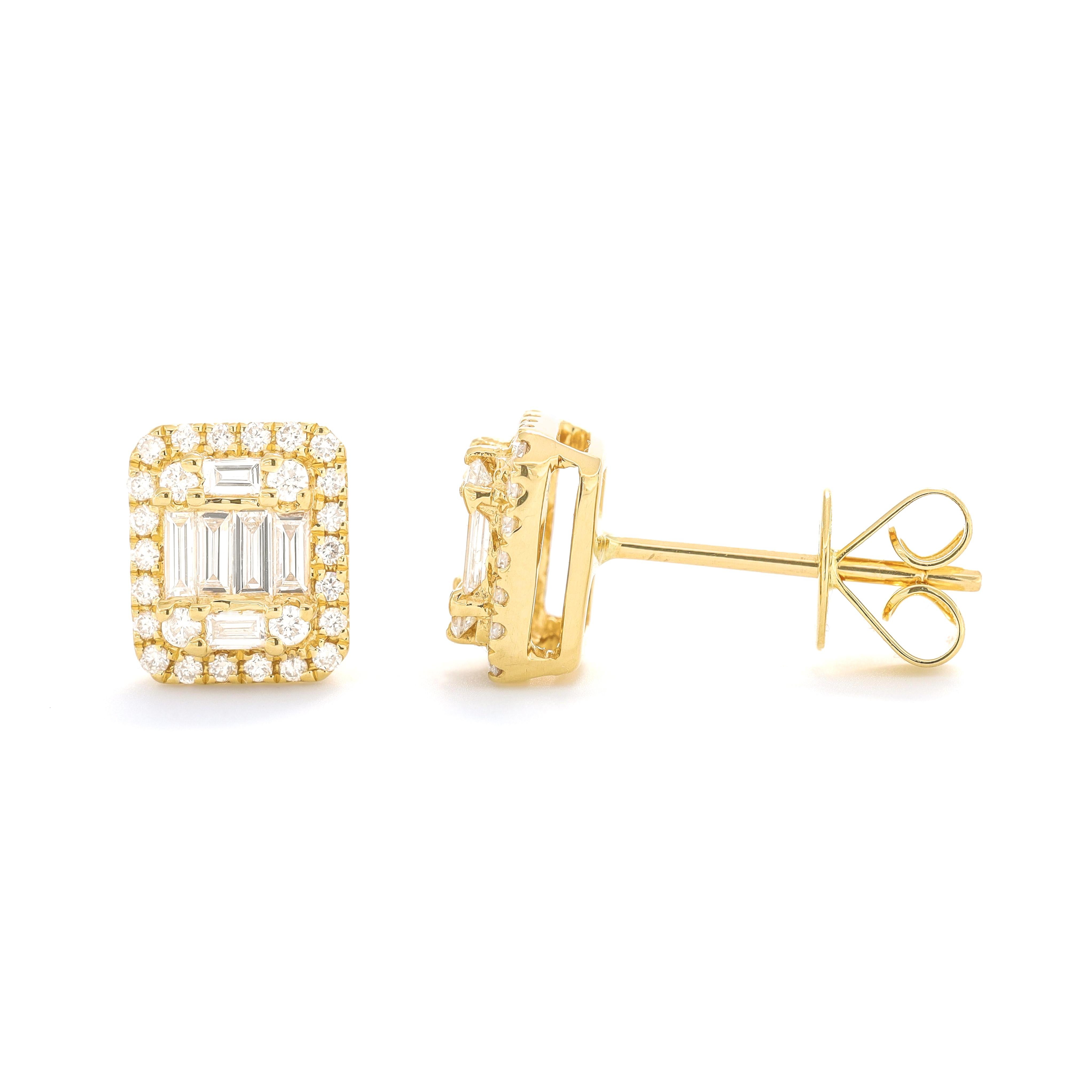 Art Nouveau Natural Diamond 0.70 carats  18 Karat Yellow Gold Cluster Halo Stud Earrings For Sale