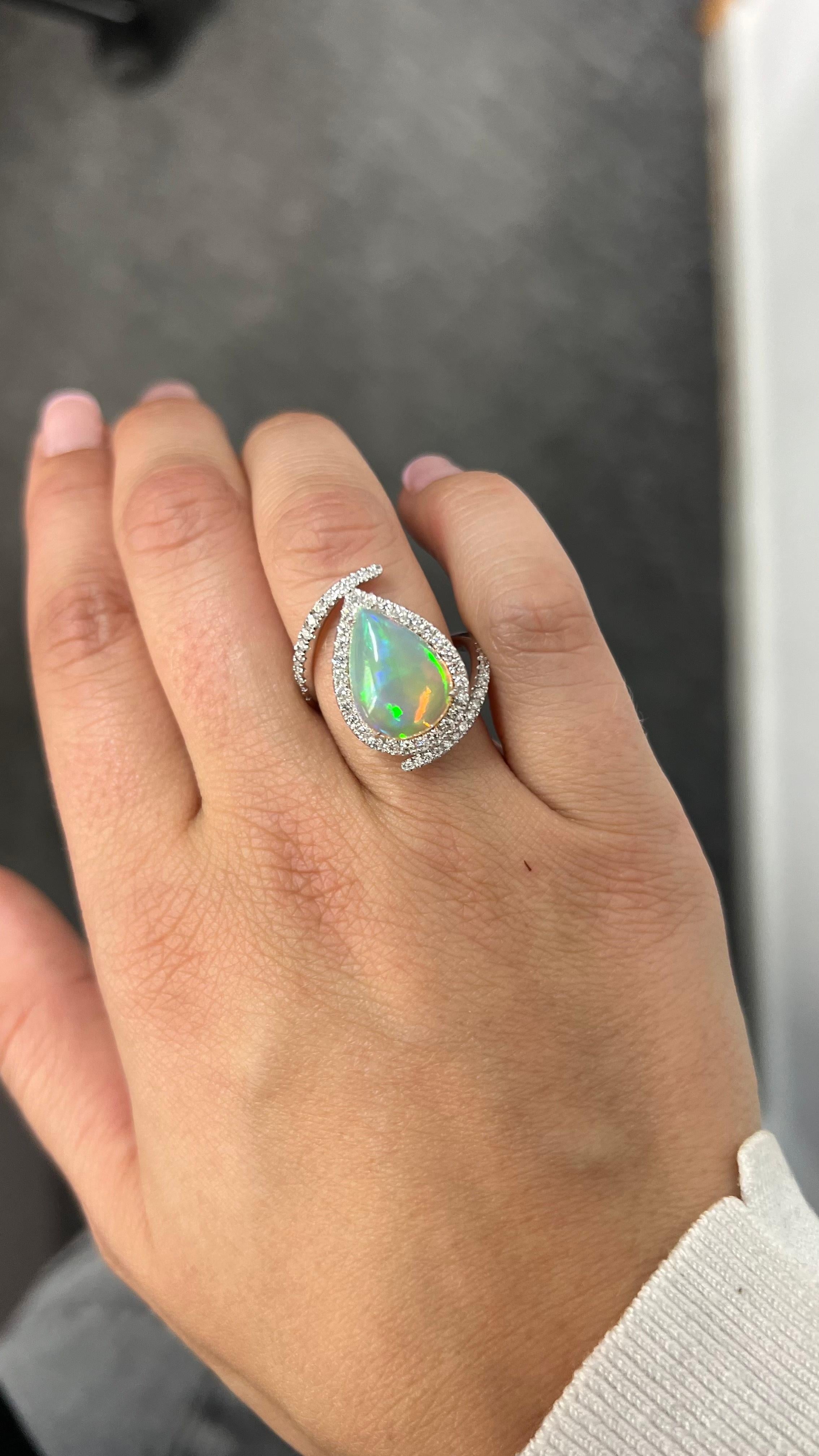 Natural Diamond 0.72CT Natural Opal 3.74CT 18KT White Gold Ring  For Sale 2