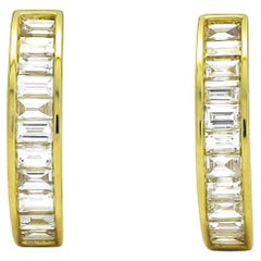 Natural Diamond 0.74 carats 18KT White Gold Baguette Hoop Huggies Earrings 