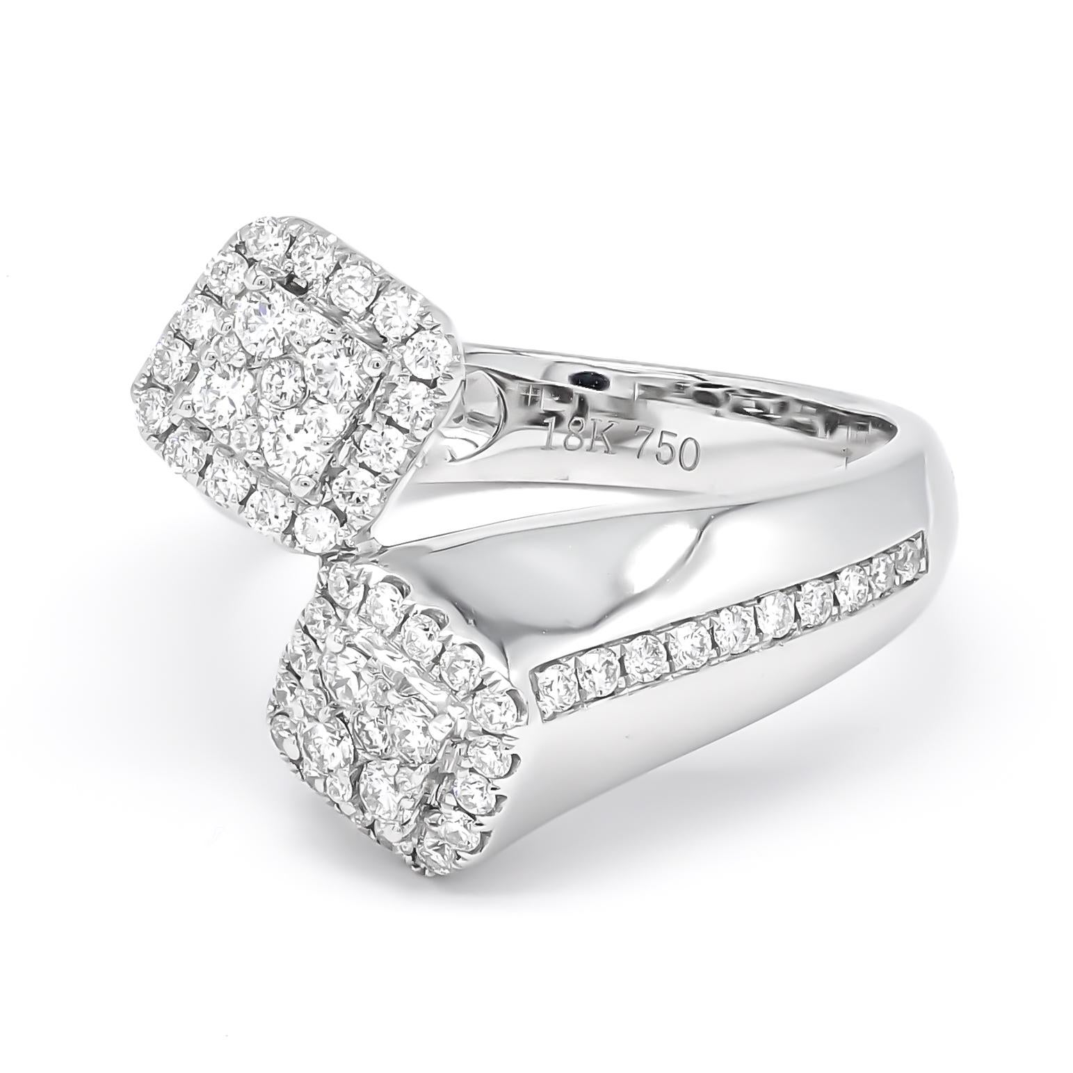 The combination of sparkling round diamonds creates a stunning visual impact, while the accented shank adds an extra touch of glamour. Make a bold fashion statement with our Two Cluster Ring, featuring meticulously arranged round diamonds and an