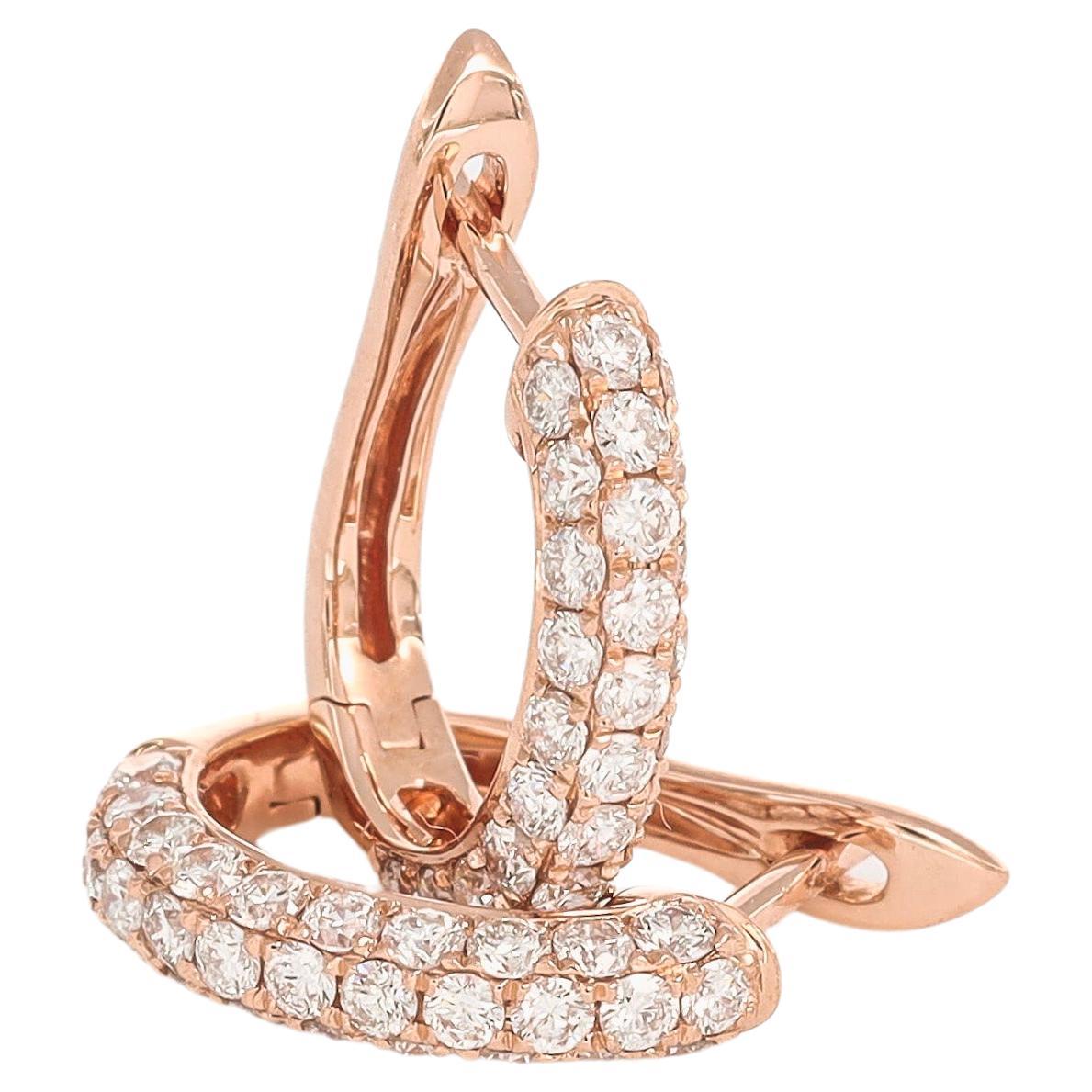 Natural Diamond 0.77CT 18 Karat Rose Gold Small Pavé Hoop Huggies Earrings  For Sale