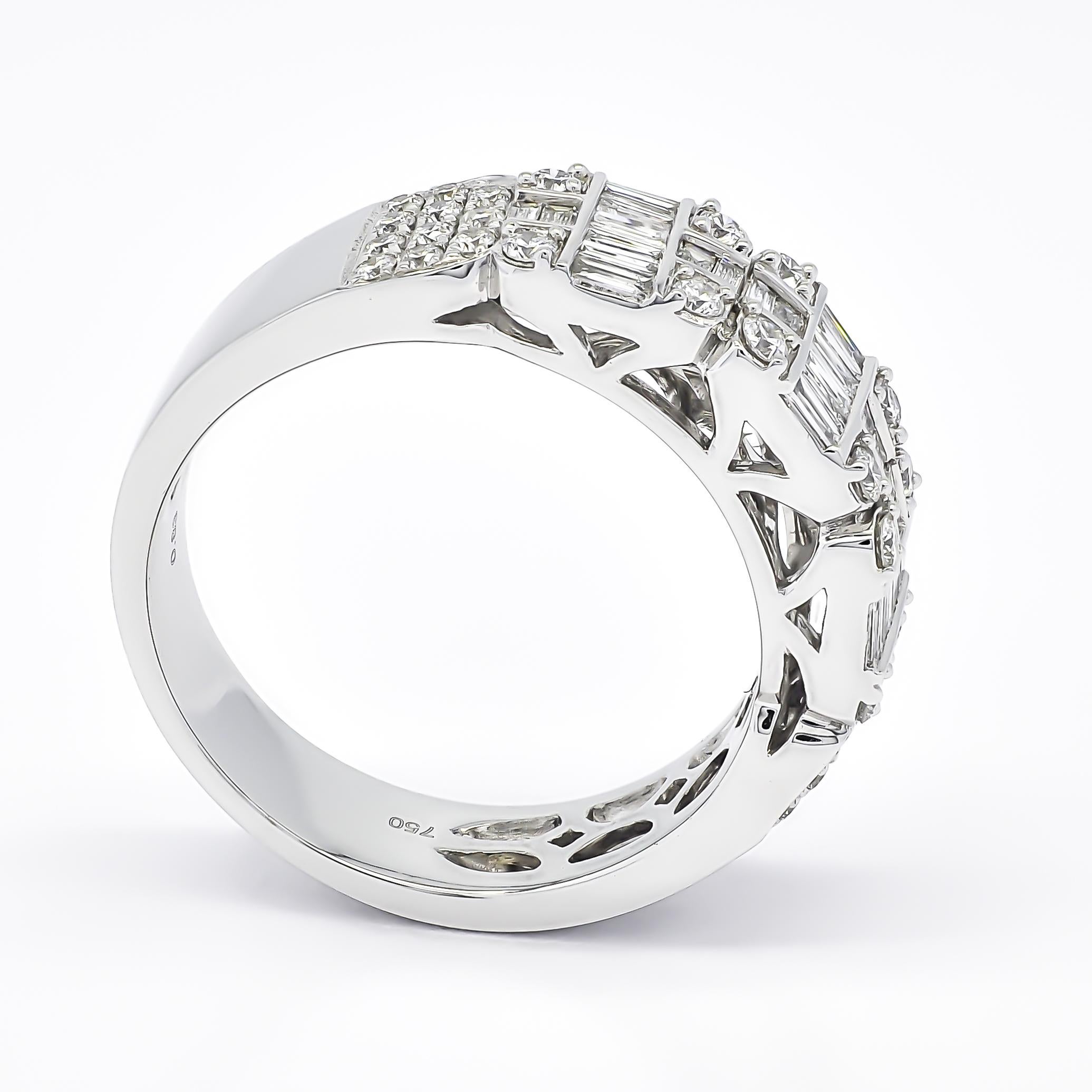 Fancy cut Baguette Round square Cushion Cluster set diamond gives this wedding band in a polished look.

An elegant of Band of baguette Round diamonds Clusters gleams brightly amidst accented of round-shape diamonds on the side in this extraordinary