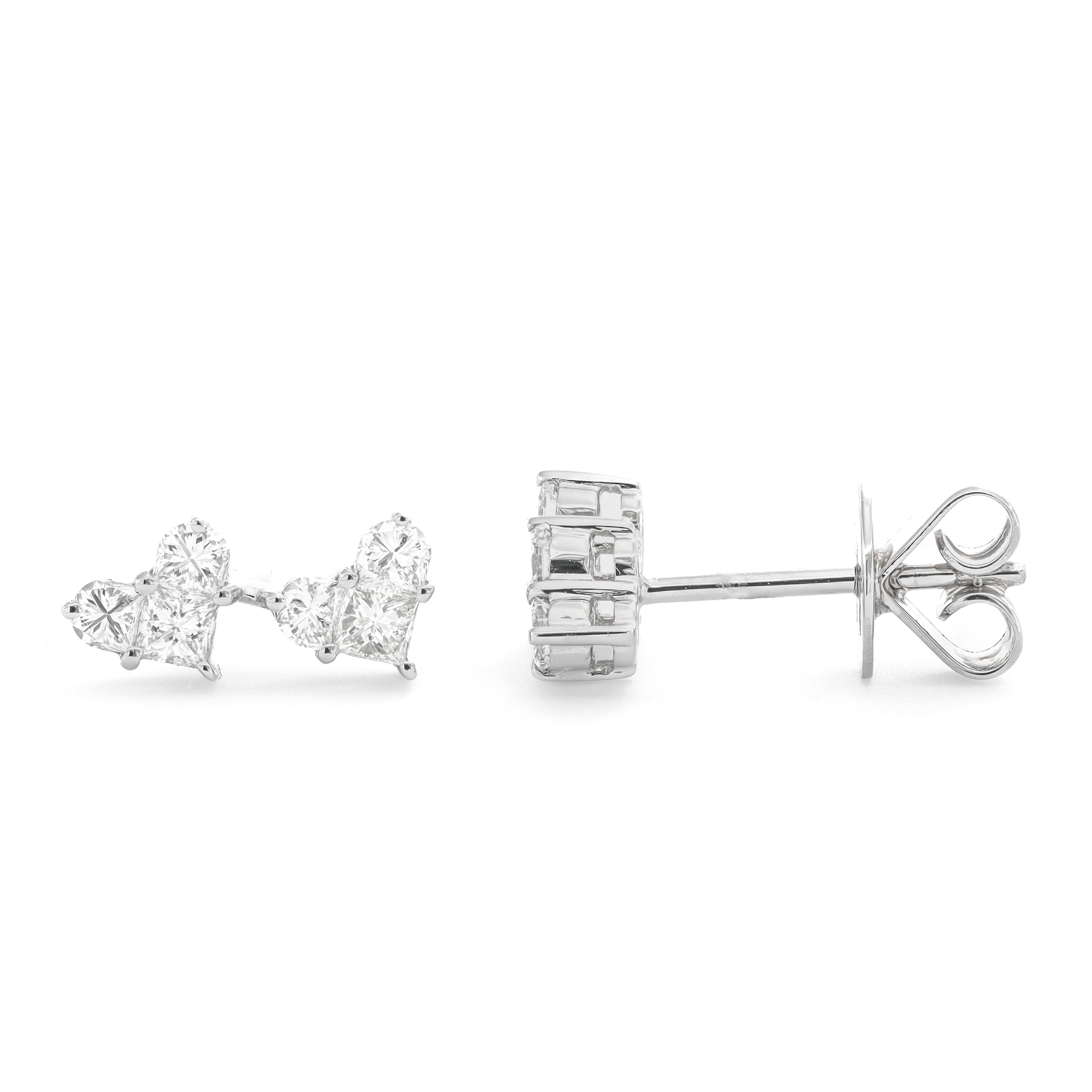 Modern Natural Diamond 0.85 carats 18 Karat White Gold Heart Shape Stud Earrings  For Sale