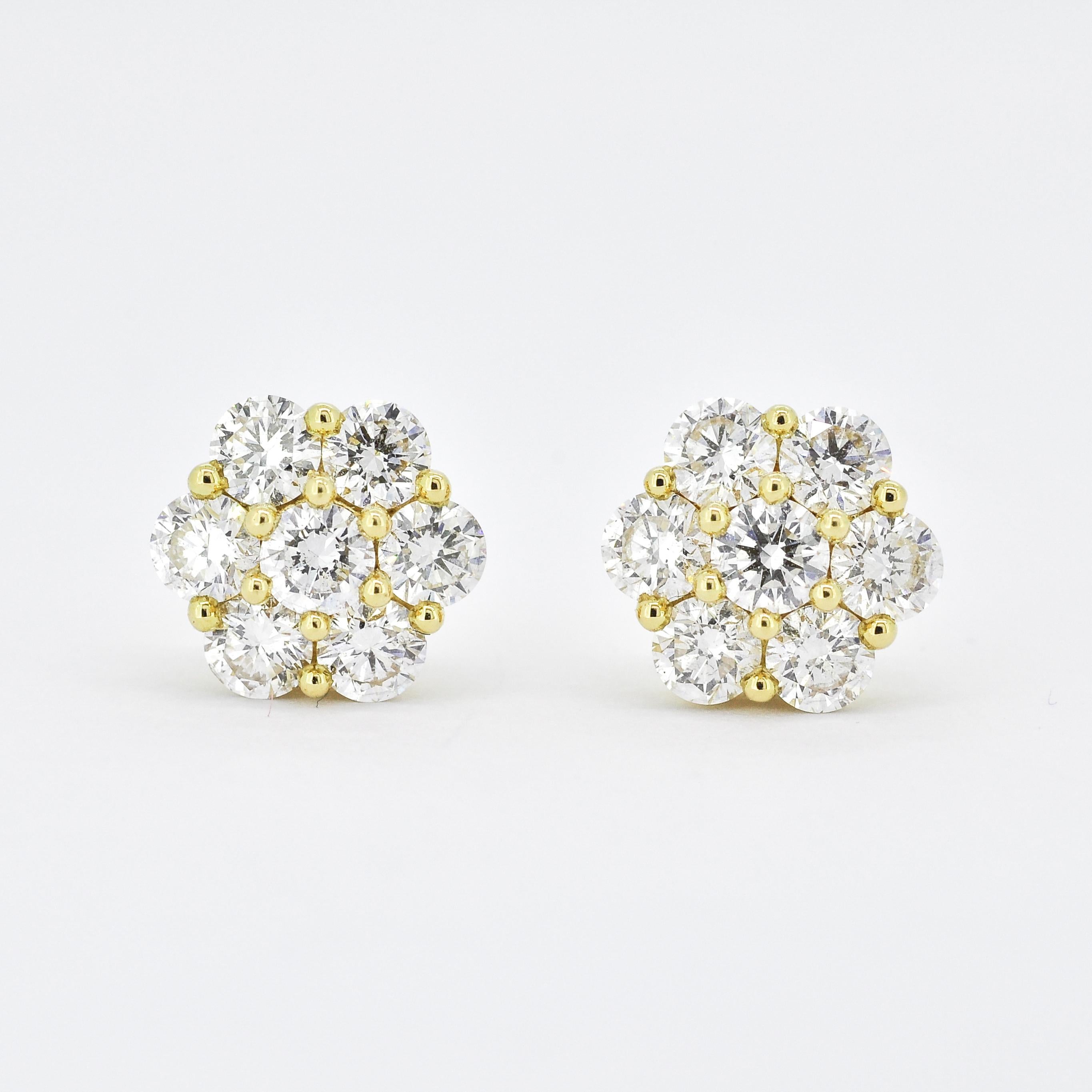 Introducing our exquisite 18kt Yellow Gold ethically sourced natural diamond cluster stud earrings. These earrings offer a timeless and classic look that effortlessly transitions from daytime to nighttime, ensuring elegance at every moment.

Crafted