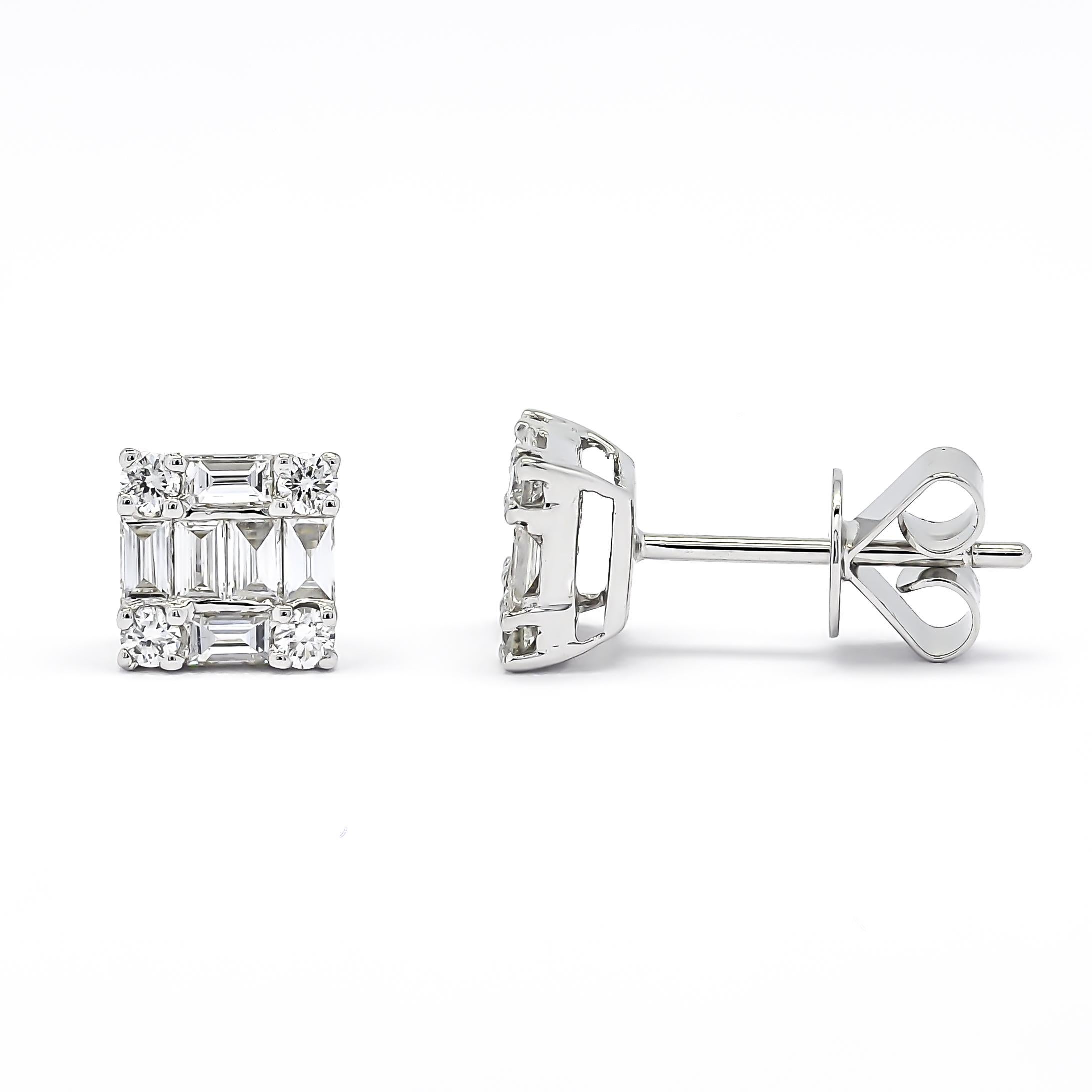 Introducing our mesmerizing 18KT white gold stud earrings, boasting a distinctive illusion square design that captivates the eye. These exquisite earrings are adorned with a combination of sparkling baguette-cut and round brilliant natural diamonds,