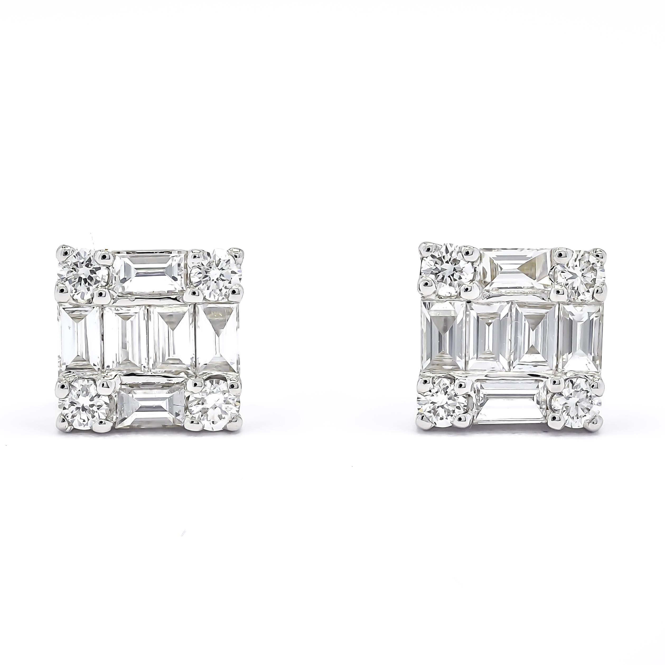 Baguette Cut Natural Diamond 0.85 carats 18KT White Gold Cluster Stud Earrings  For Sale