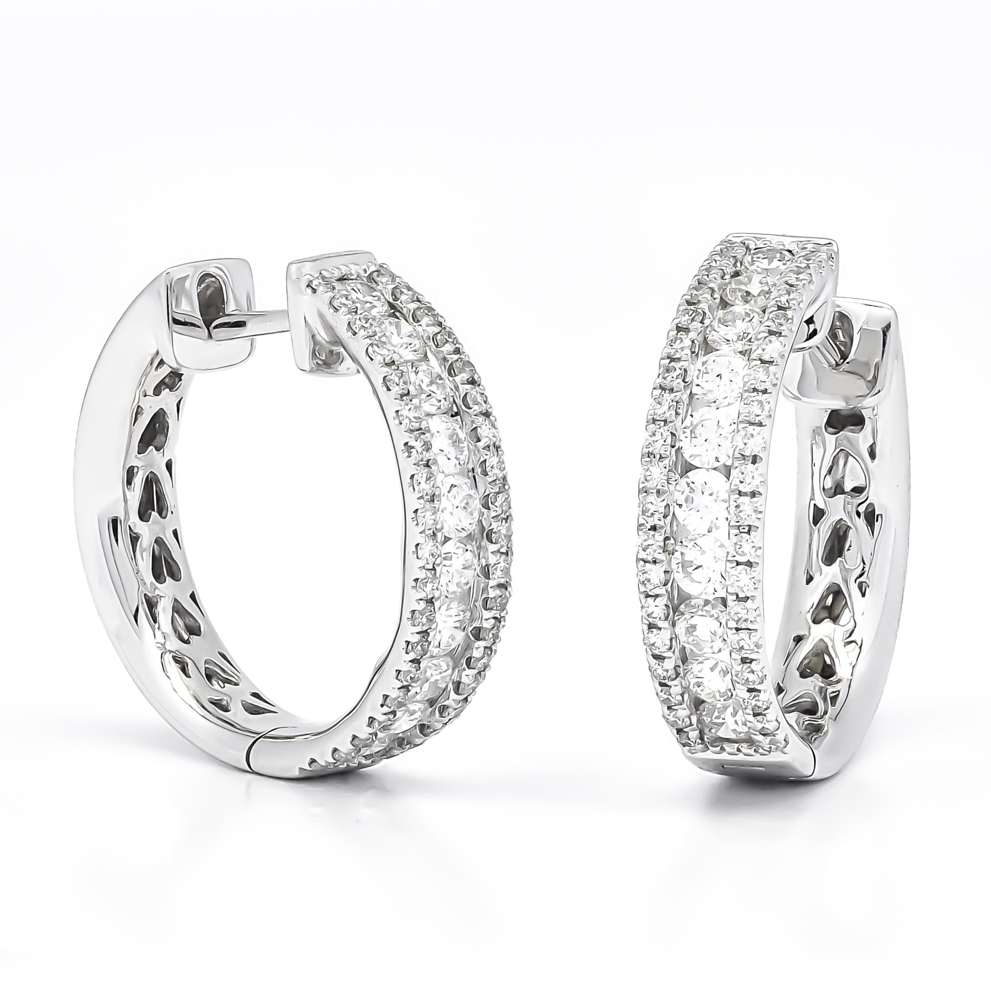Art Deco Natural Diamond 0.85 carats 18KT White Gold Hoop Huggie Earrings For Sale