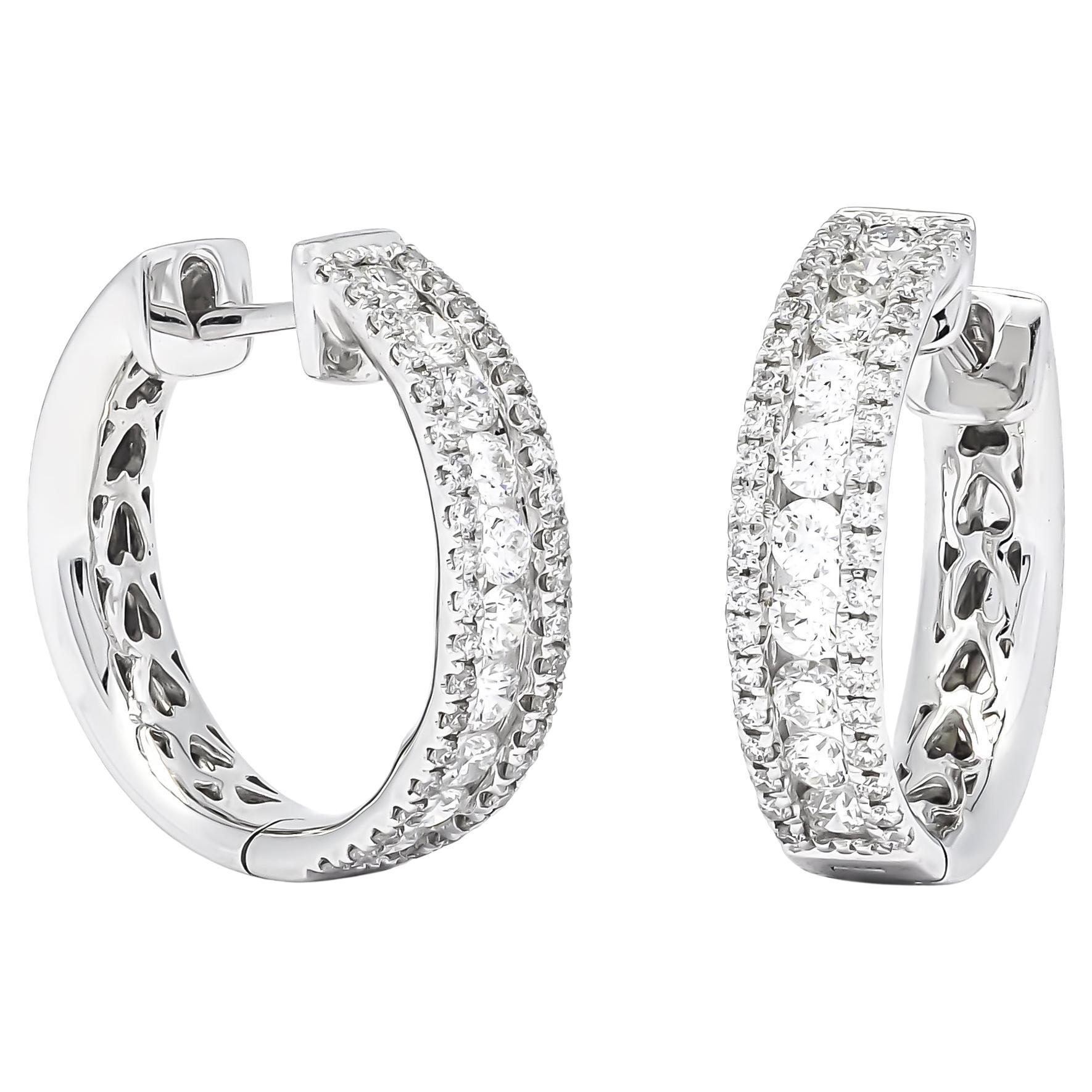Natural Diamond 0.85 carats 18KT White Gold Hoop Huggie Earrings For Sale