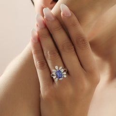 Natural Diamond 0.88Ct & Tanzanite 2.52Ct Emerald Cut Cocktail Ring White Gold