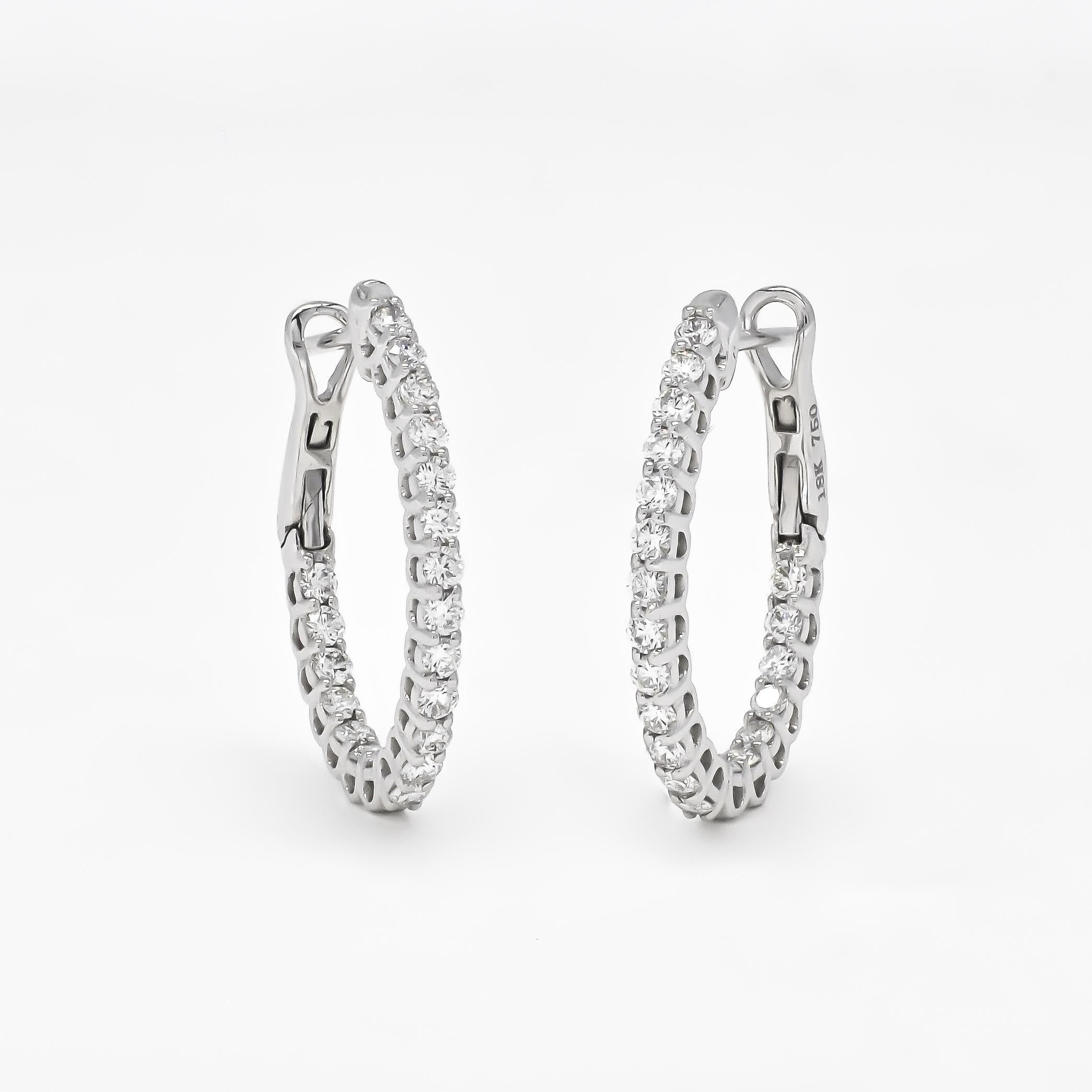 Modern Natural Diamond 1.02 Carats 18KT White Gold 'In and out' Hoop Earrings For Sale