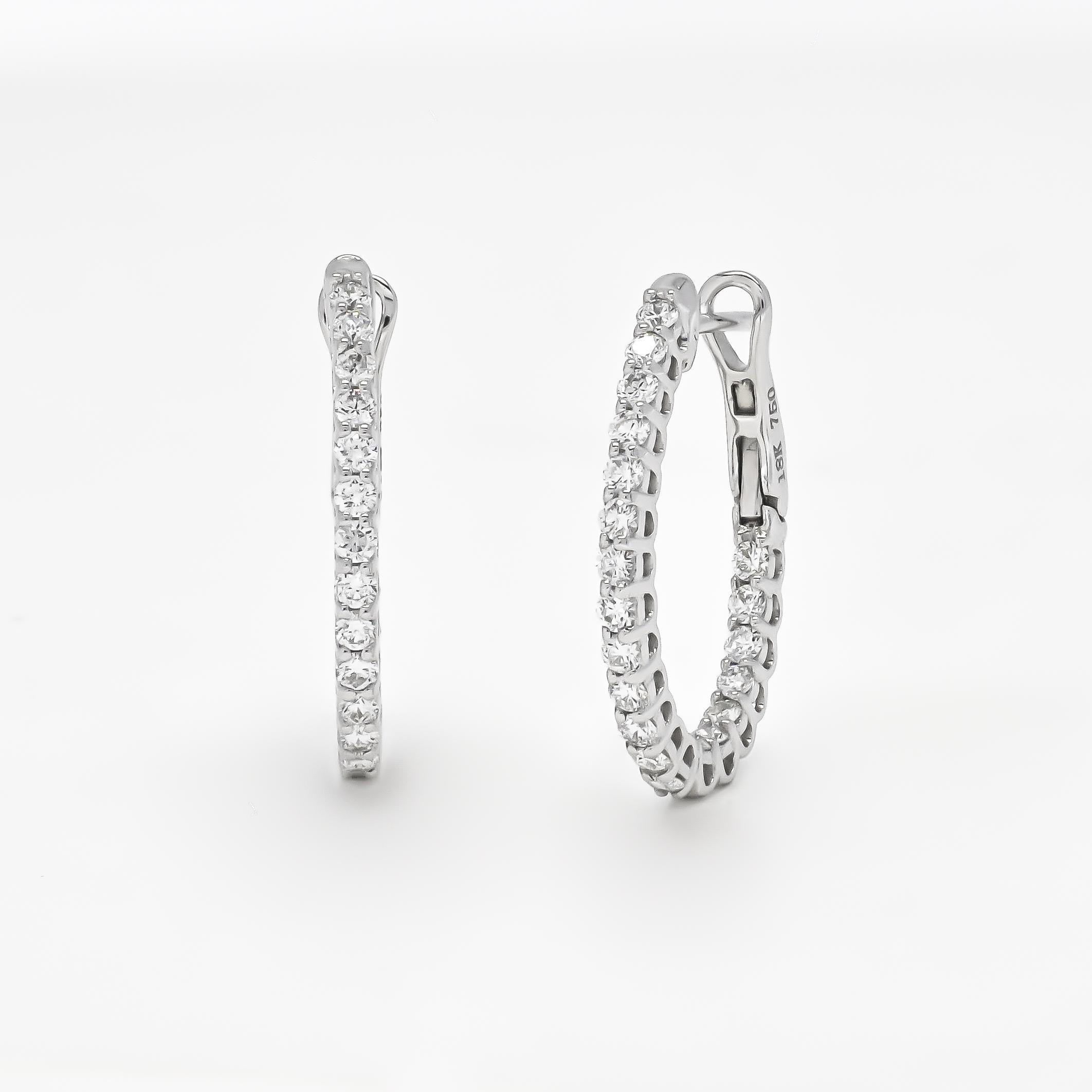 Round Cut Natural Diamond 1.02 Carats 18KT White Gold 'In and out' Hoop Earrings For Sale