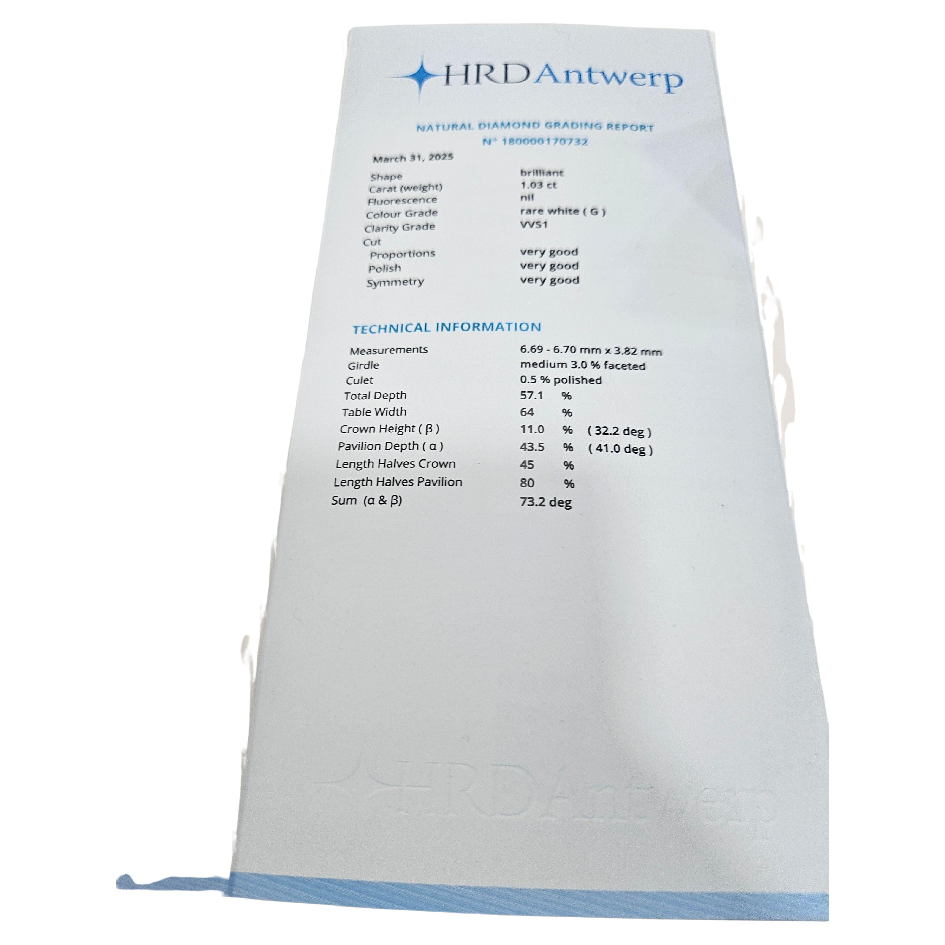 Naturdiamant 1,03 Karat Brillantschliff zertifiziert HRD für Damen oder Herren im Angebot