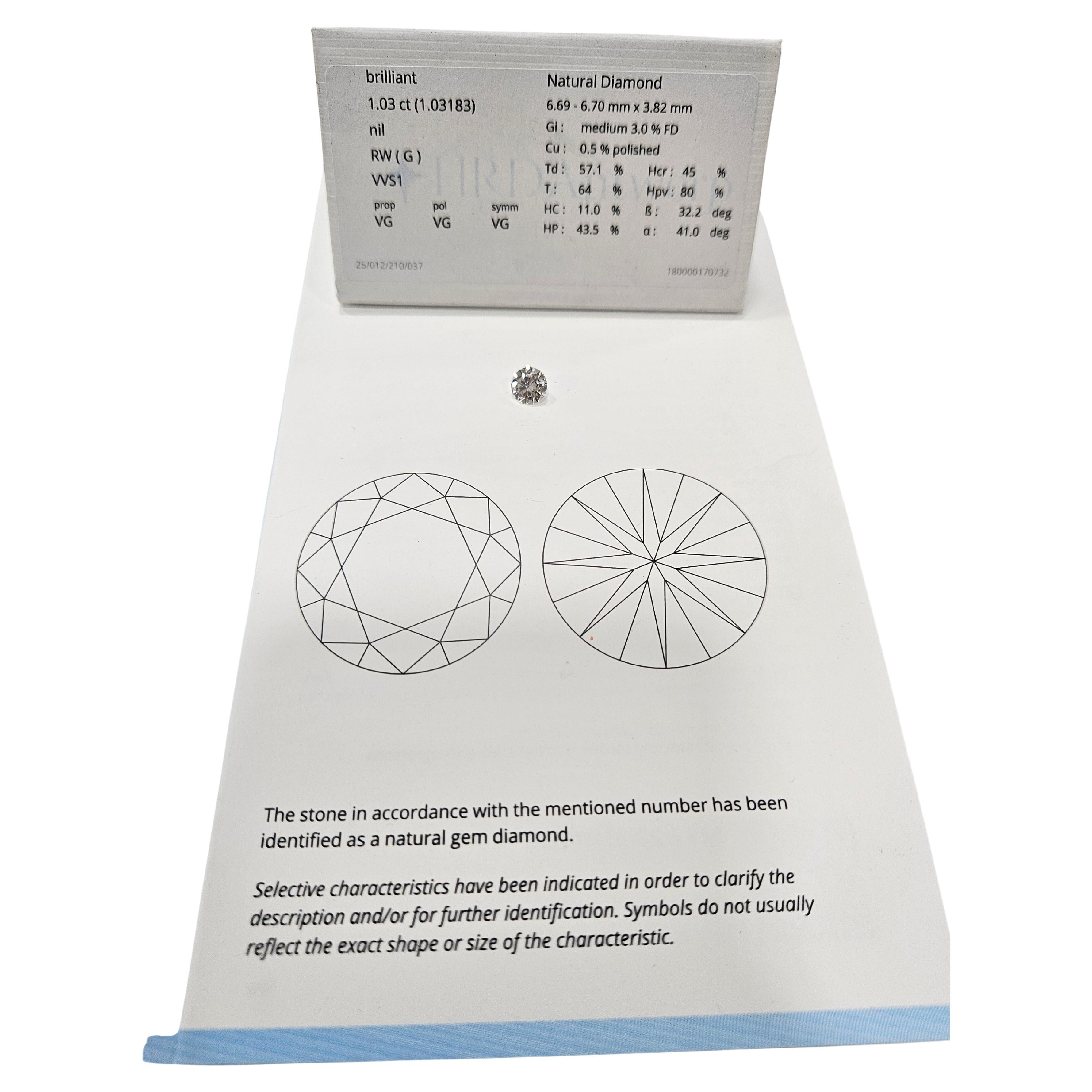 Naturdiamant 1,03 Karat Brillantschliff zertifiziert HRD im Angebot 1