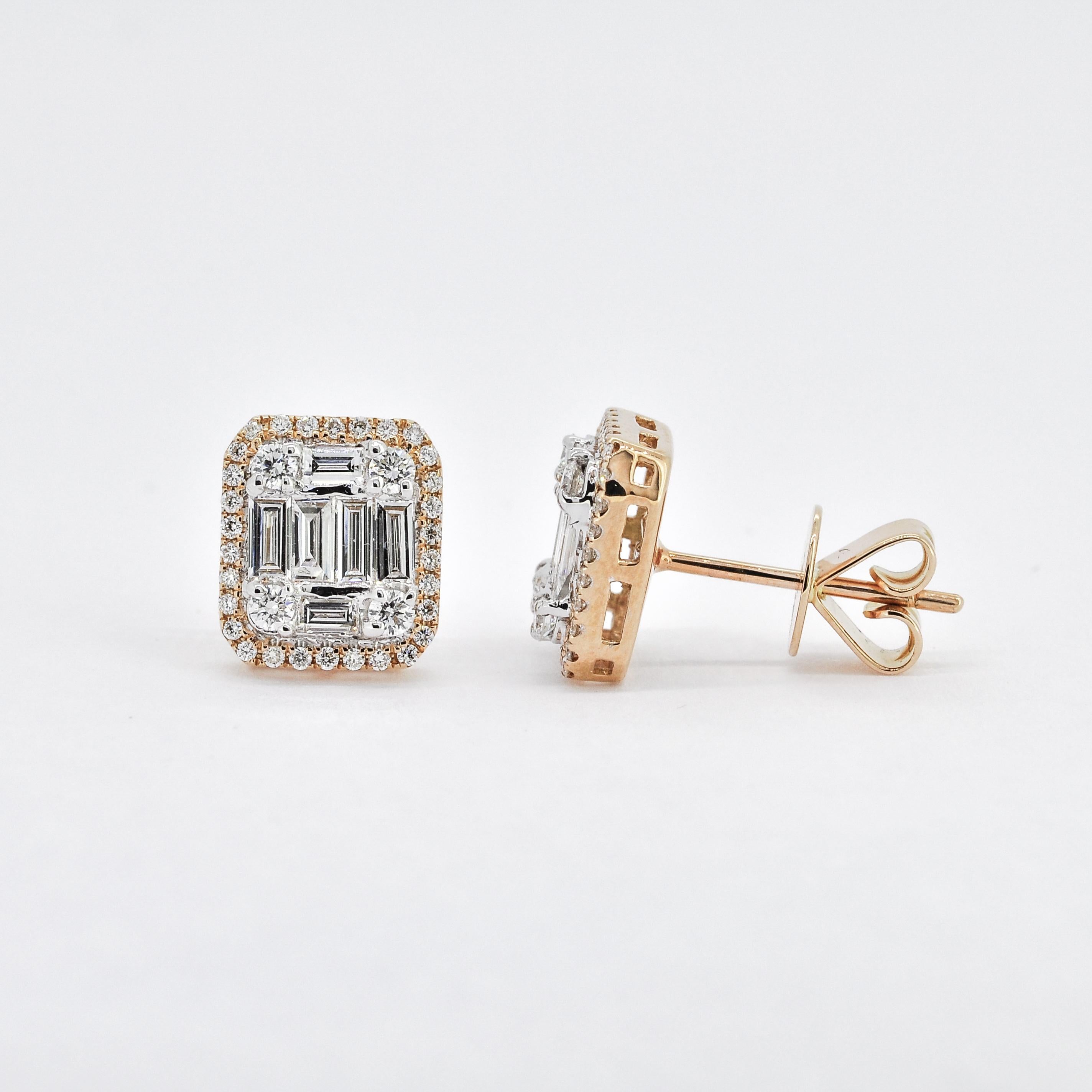 Women's Natural Diamond 1.05 carats 18KT Rose Gold Cluster Stud Earrings For Sale