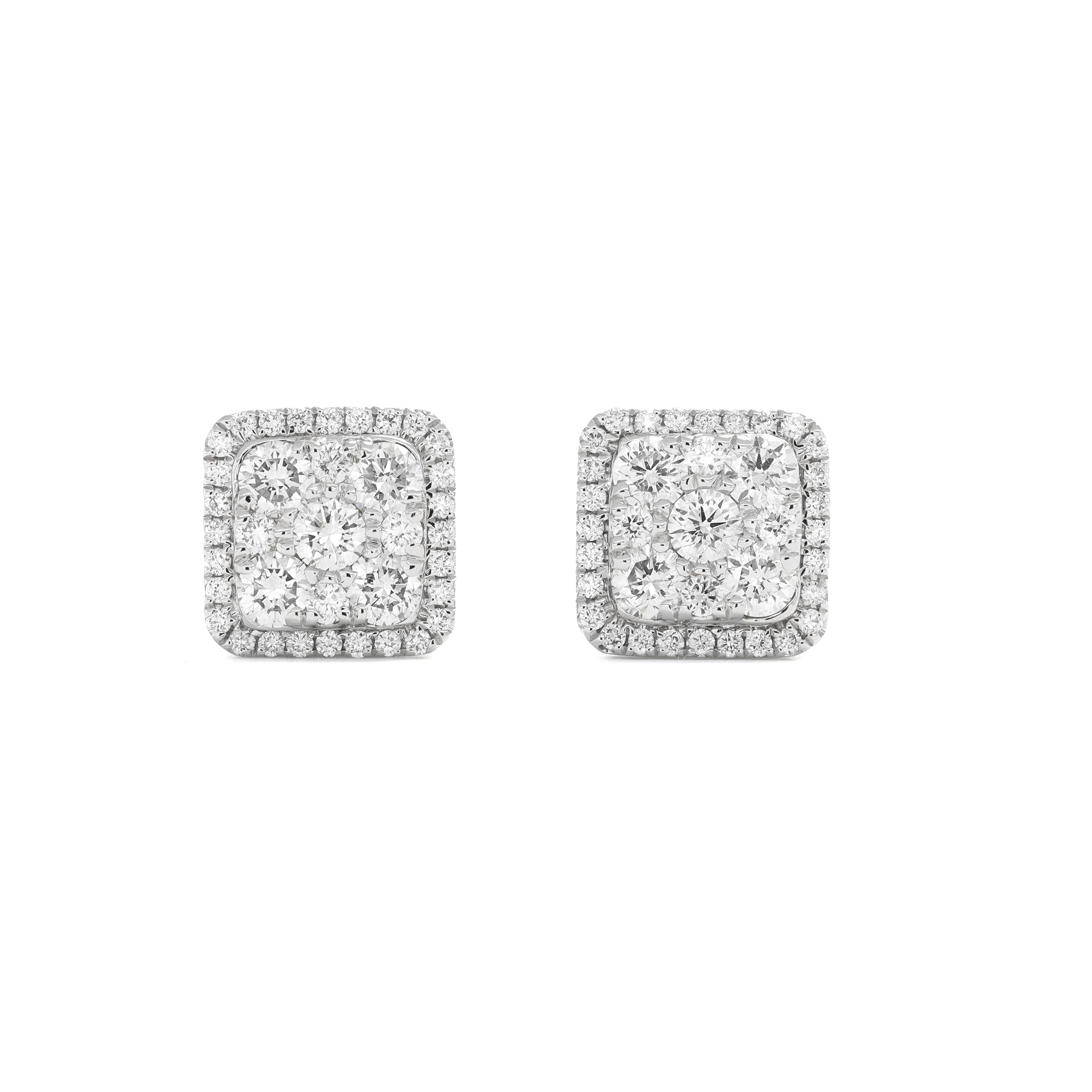 Boucles d'oreilles en or blanc 18KT avec diamant naturel de 1,12 carats et grappe de diamants carrés en vente 1
