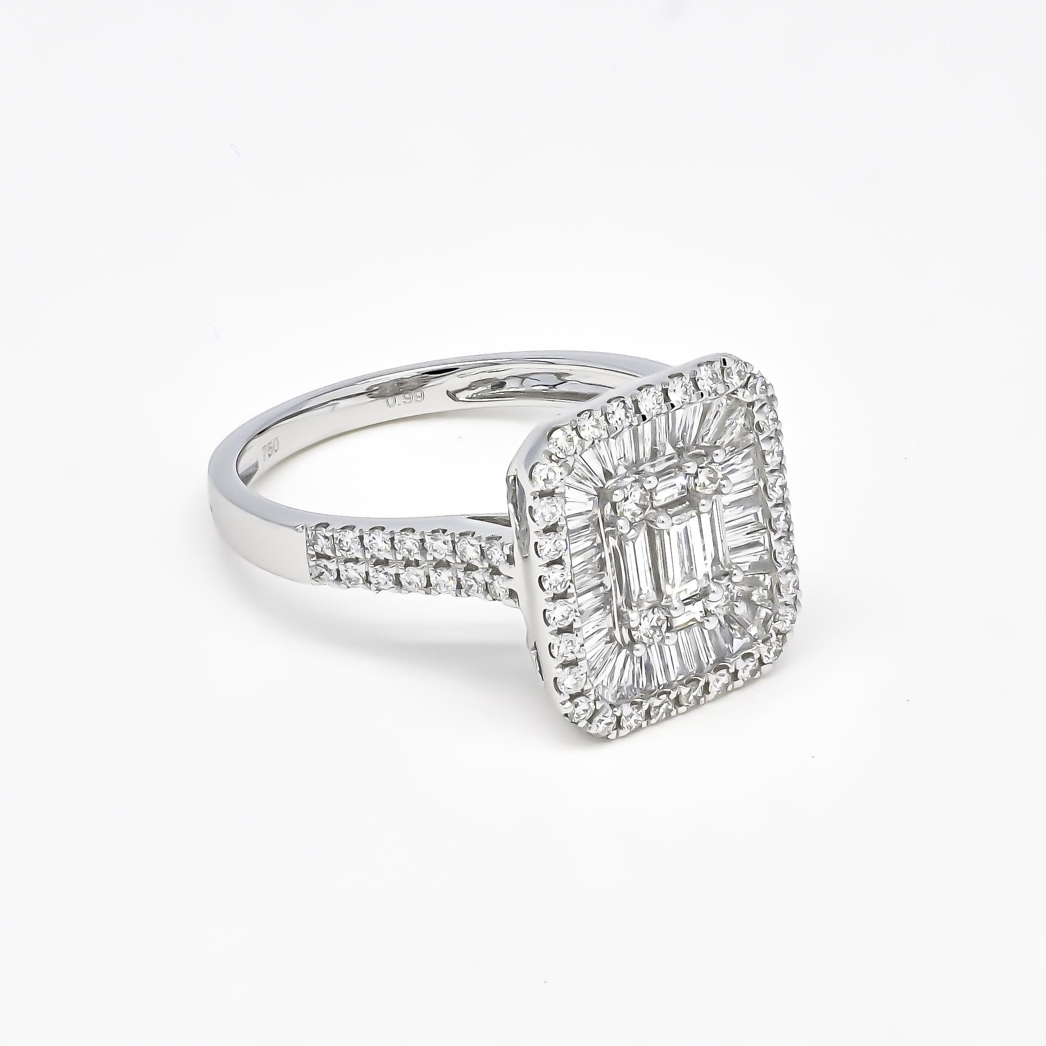 Baguette Cut Natural Diamond 1.13 carats 18KT White Gold Cluster Engagement Ring For Sale