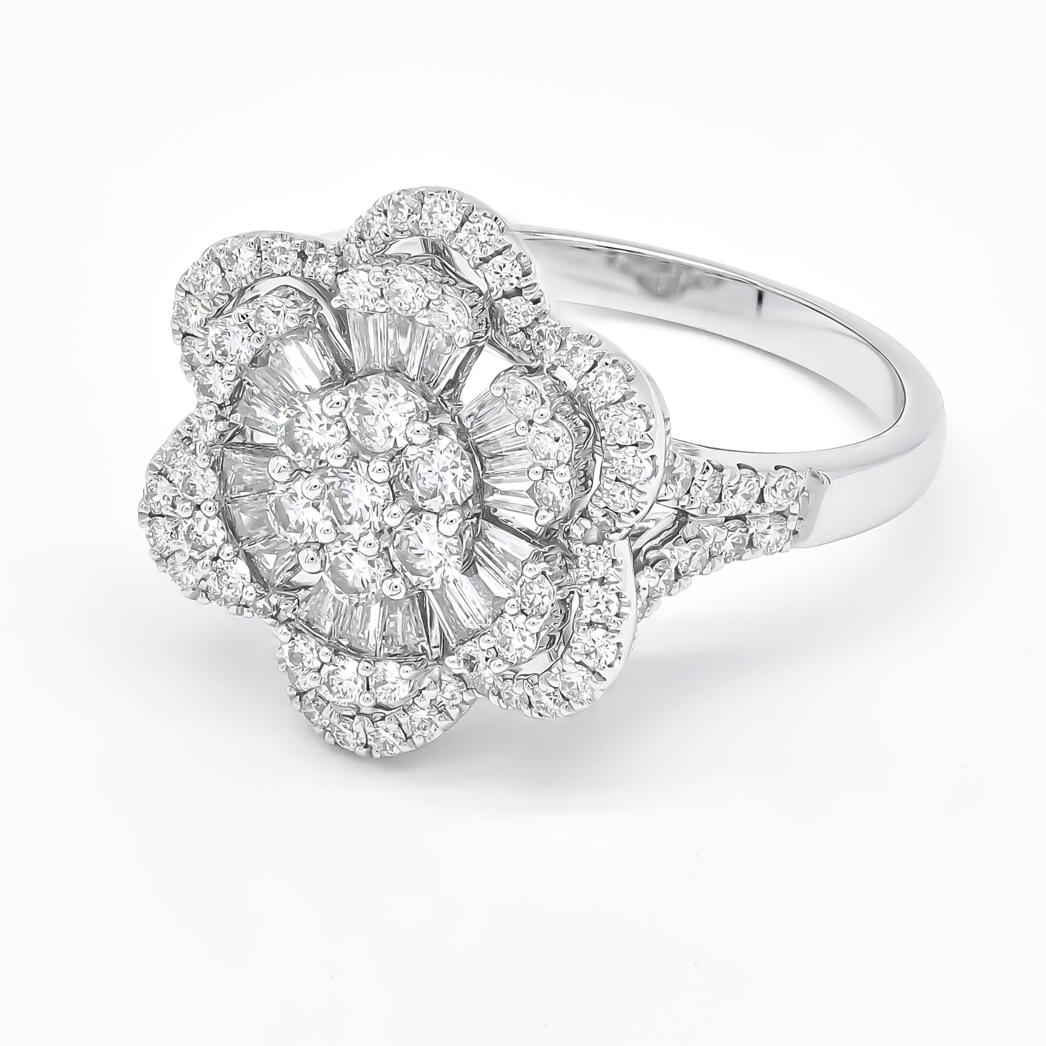 This exquisite ring showcases a mesmerizing starburst flower cluster, meticulously crafted from dazzling round-cut and baguette diamonds. Set in luxurious 18KT white gold, the intricate design captures light from every angle, creating a brilliant