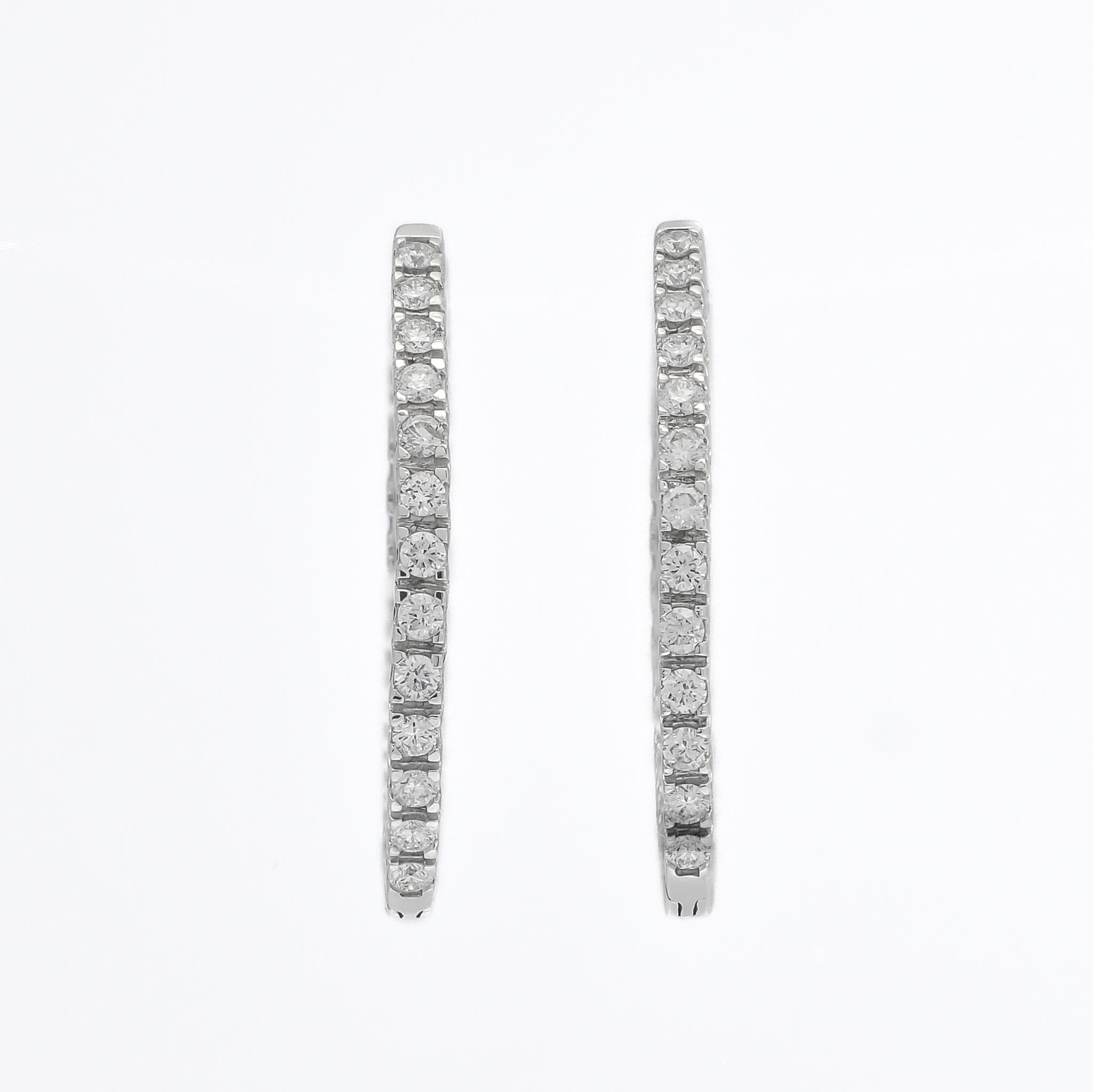 Modern Natural Diamond 1.02 CT 18Karat White Gold Inside Out Brilliant Hoop Earrings For Sale