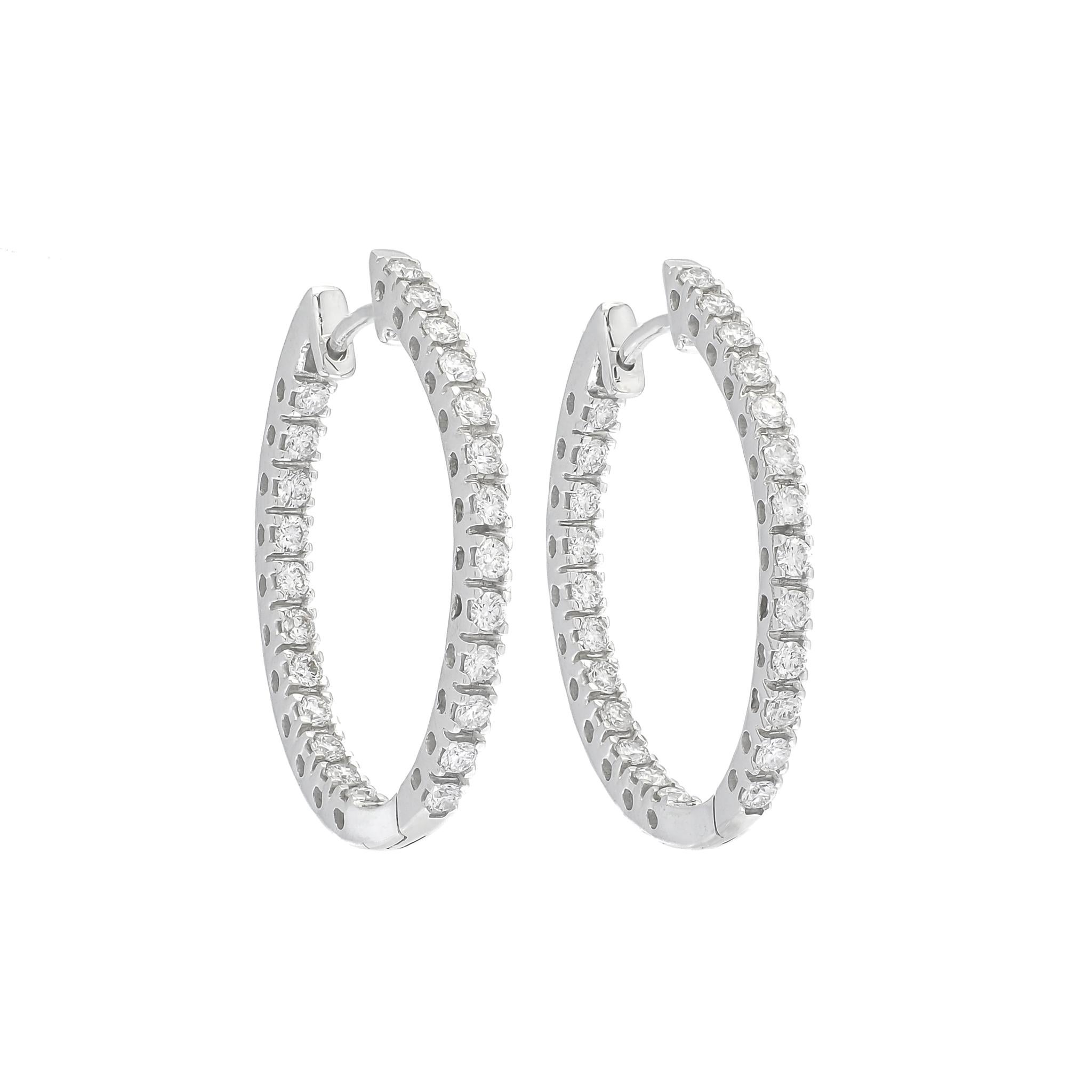 Brilliant Cut Natural Diamond 1.02 CT 18Karat White Gold Inside Out Brilliant Hoop Earrings For Sale