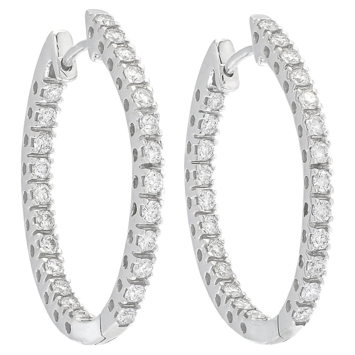 Natural Diamond 1.02 CT 18Karat White Gold Inside Out Brilliant Hoop Earrings For Sale
