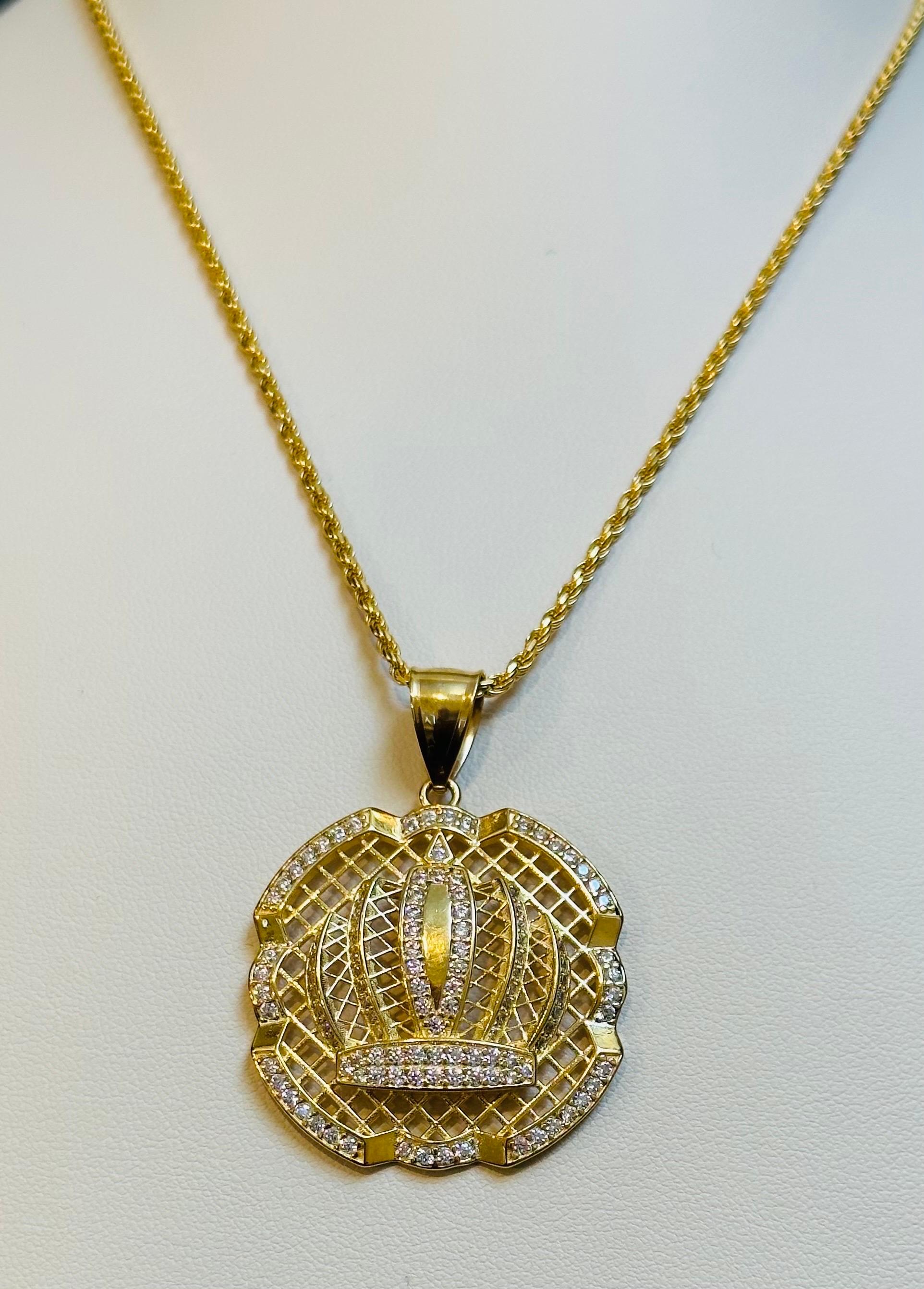 Grand pendentif en or 14 carats avec chaîne en forme de corde et diamants naturels de 1,25 carat en vente 1