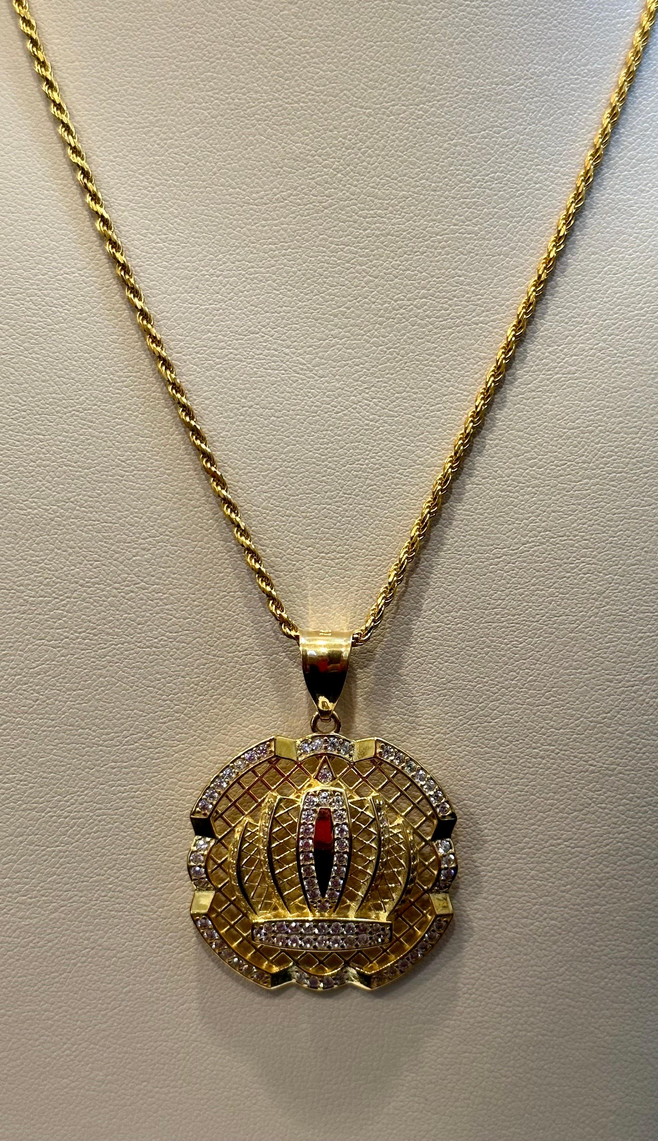 Grand pendentif en or 14 carats avec chaîne en forme de corde et diamants naturels de 1,25 carat en vente 2