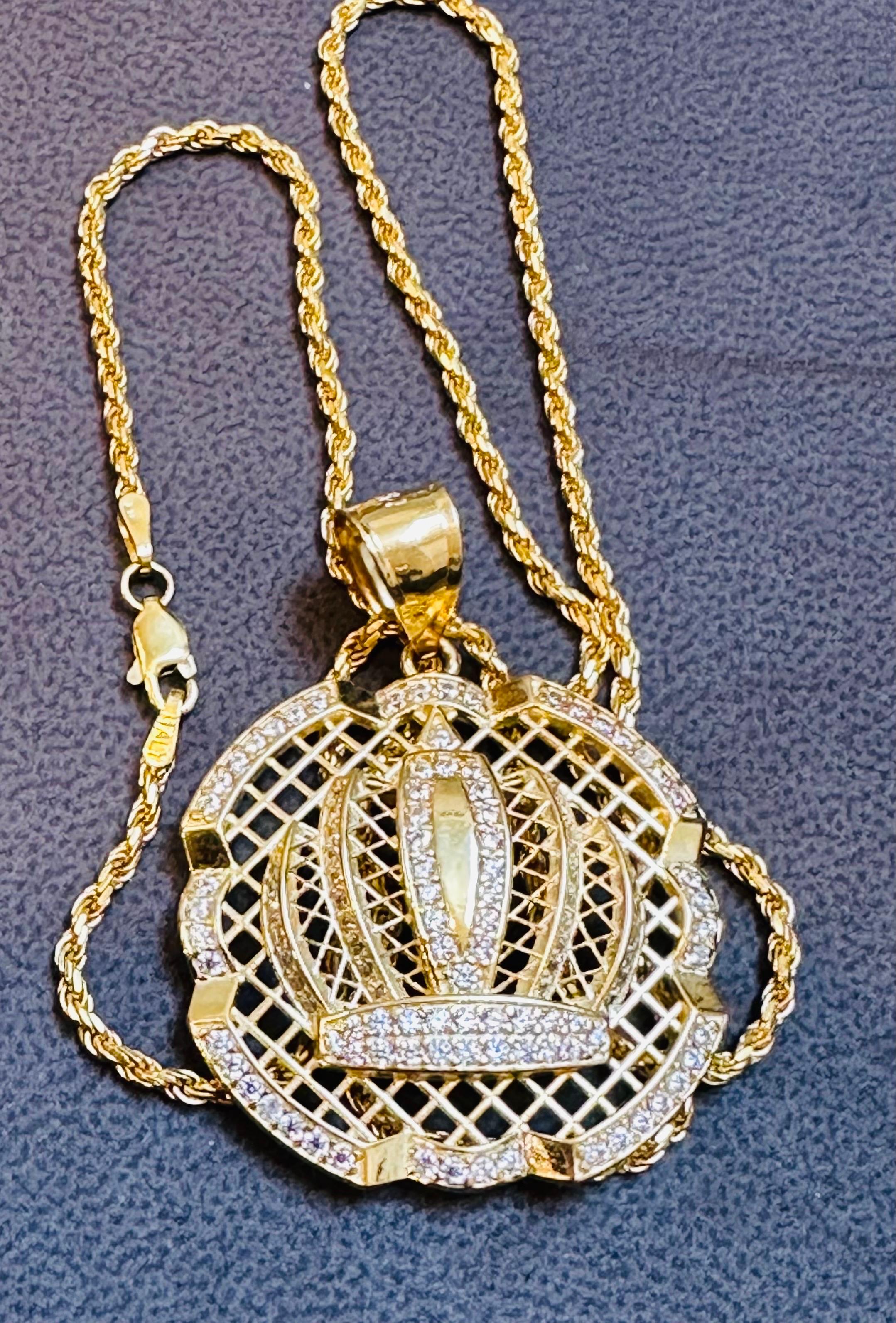 Grand pendentif en or 14 carats avec chaîne en forme de corde et diamants naturels de 1,25 carat en vente 3