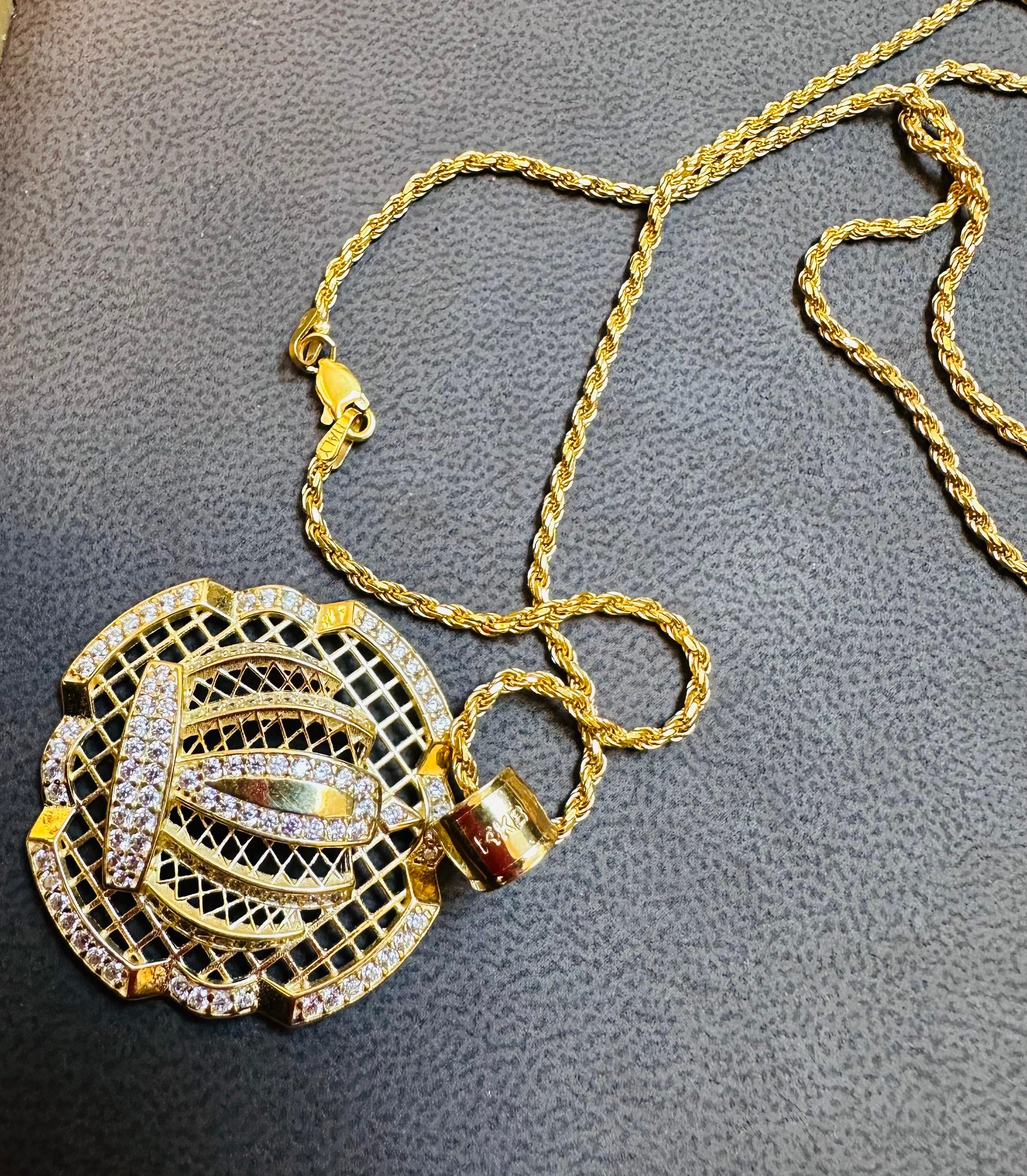 Grand pendentif en or 14 carats avec chaîne en forme de corde et diamants naturels de 1,25 carat en vente 4