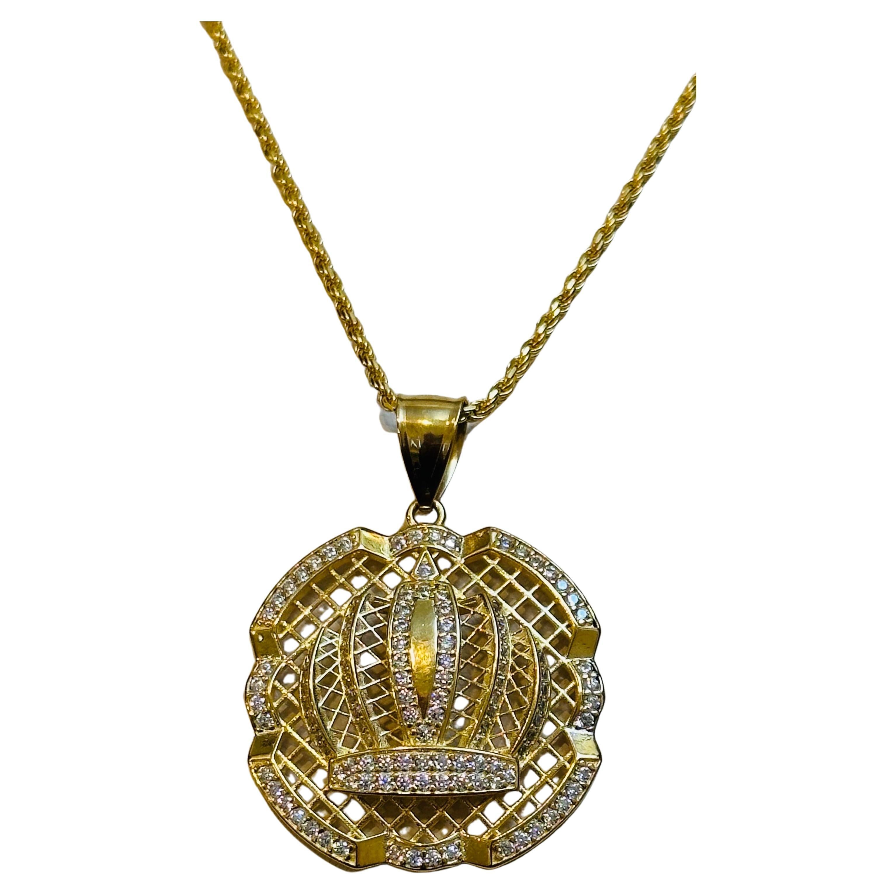 Grand pendentif en or 14 carats avec chaîne en forme de corde et diamants naturels de 1,25 carat
