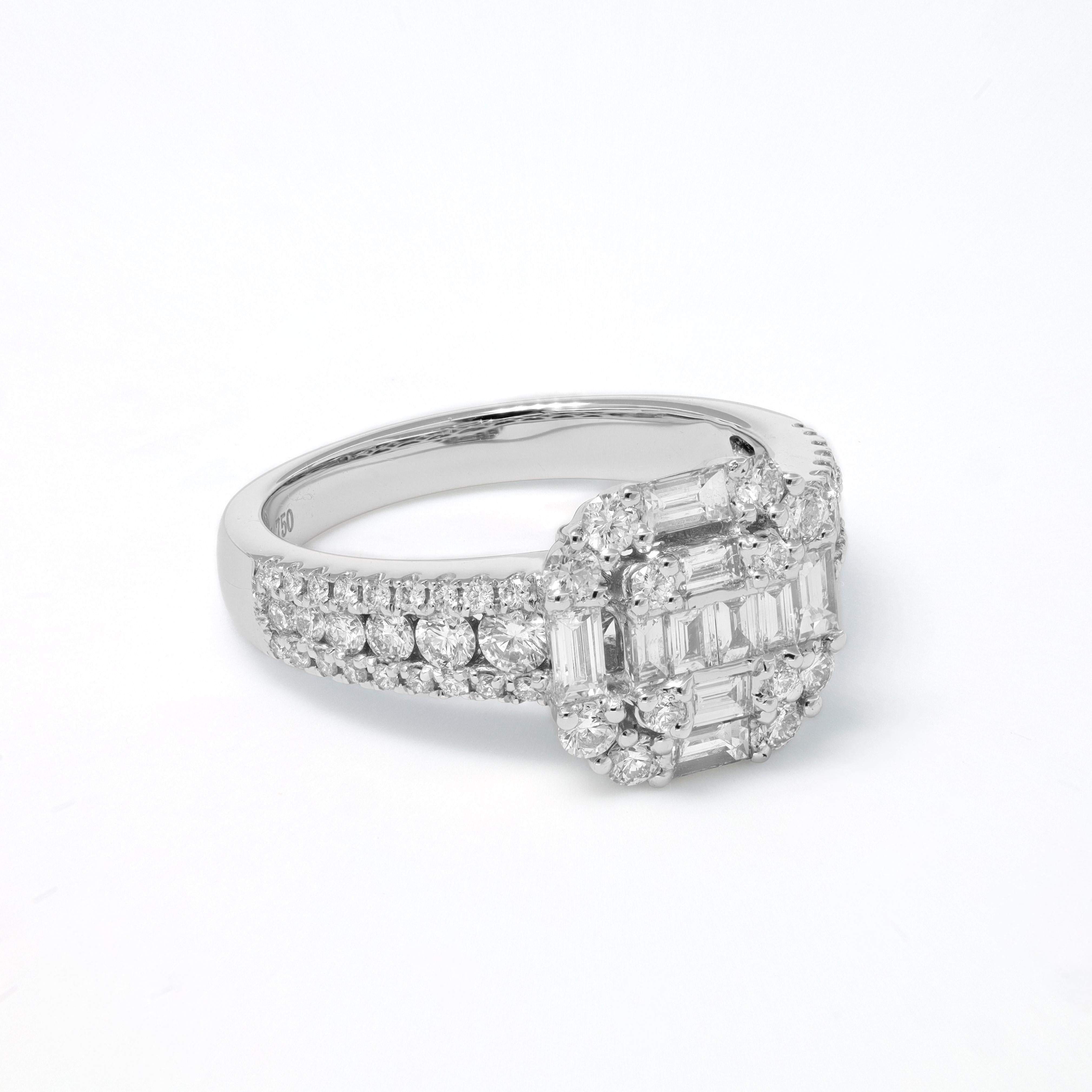 Art-Déco-inspirierter Diamant-Cluster-Ring aus 18 Karat Weißgold, 1,25 Karat

Zeitlose Eleganz mit diesem vom Vintage-Stil inspirierten Diamantring aus 18 Karat Weißgold. Sein Herzstück ist ein schillernder Cluster aus runden Brillanten, der von