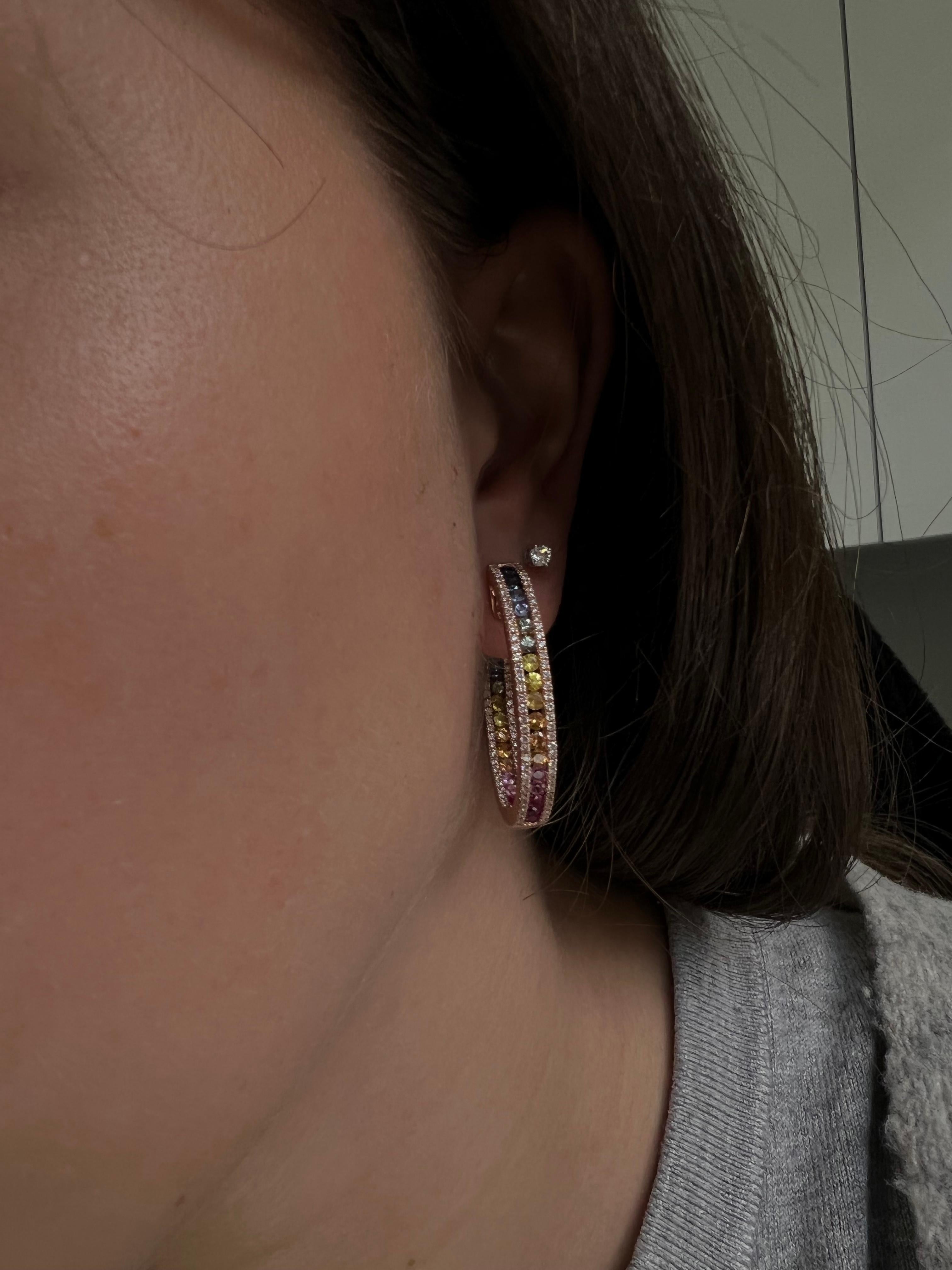 Modern Natural Diamond 1.27 carats Natural Sapphire In and out Hoop Earrings For Sale