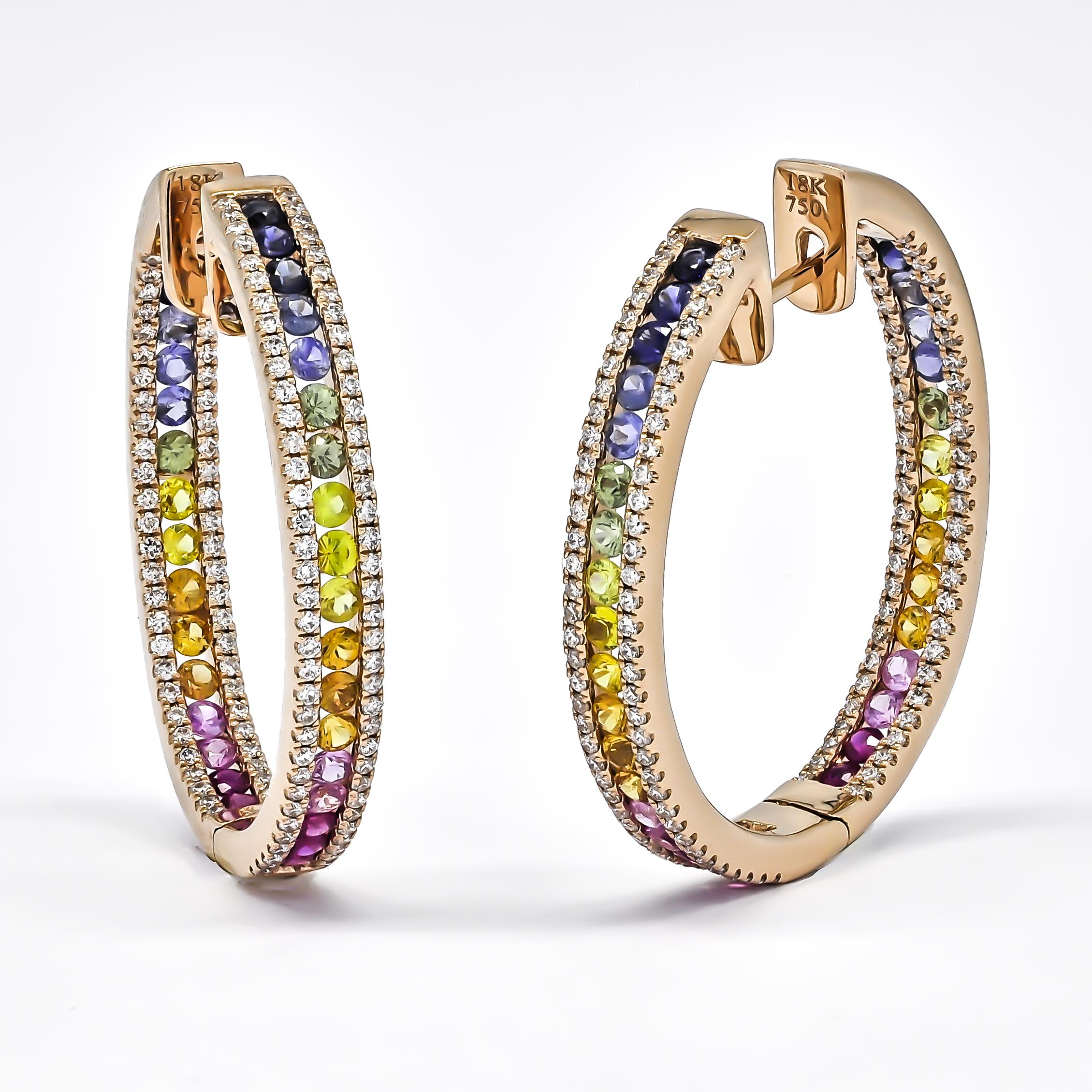 Natural Diamond 1.27 carats Natural Sapphire In and out Hoop Earrings In New Condition For Sale In Antwerpen, BE